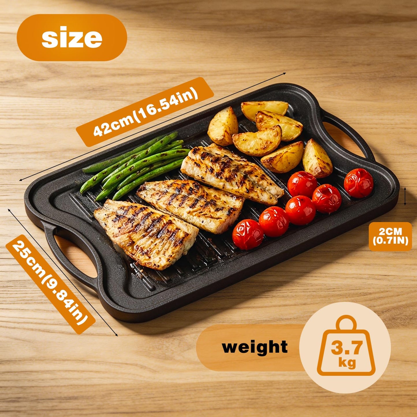Dayacoco Cast Iron Griddle, Reversible Grill Pan, 16.5" x 9.8" Non-Stick BBQ Grill Pan with Handles, Dual Handle Flat Skillet Pan for Gas Stovetop Open Fire Oven