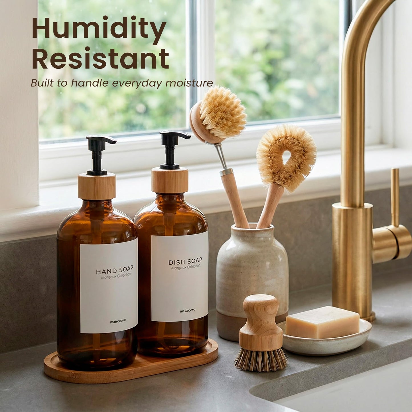 MaisoNovo Glass Dish Soap Dispenser for Kitchen Sink Set of 2-500 ml Dish and Hand Soap Dispenser Set for Kitchen - Amber Glass Bottles with Black Bamboo Pumps x 2, Bamboo Tray