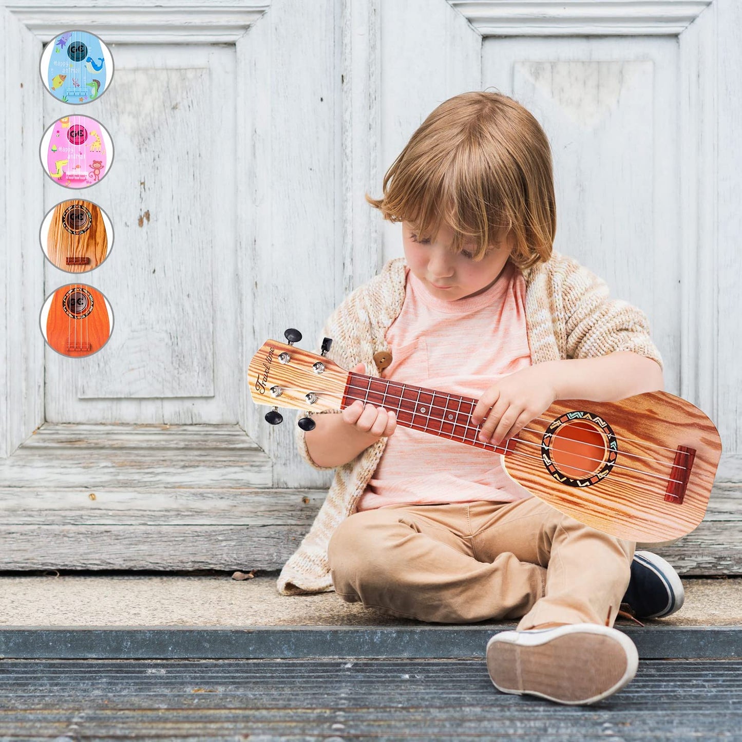 17 Inch Mini Guitar Ukulele Toy for Kids,Plastic Sear World Cartoon Children Educational Learn Guitar Ukulele with The Picks and Strap Can Play Musical Instruments Toys (Sprucewood)