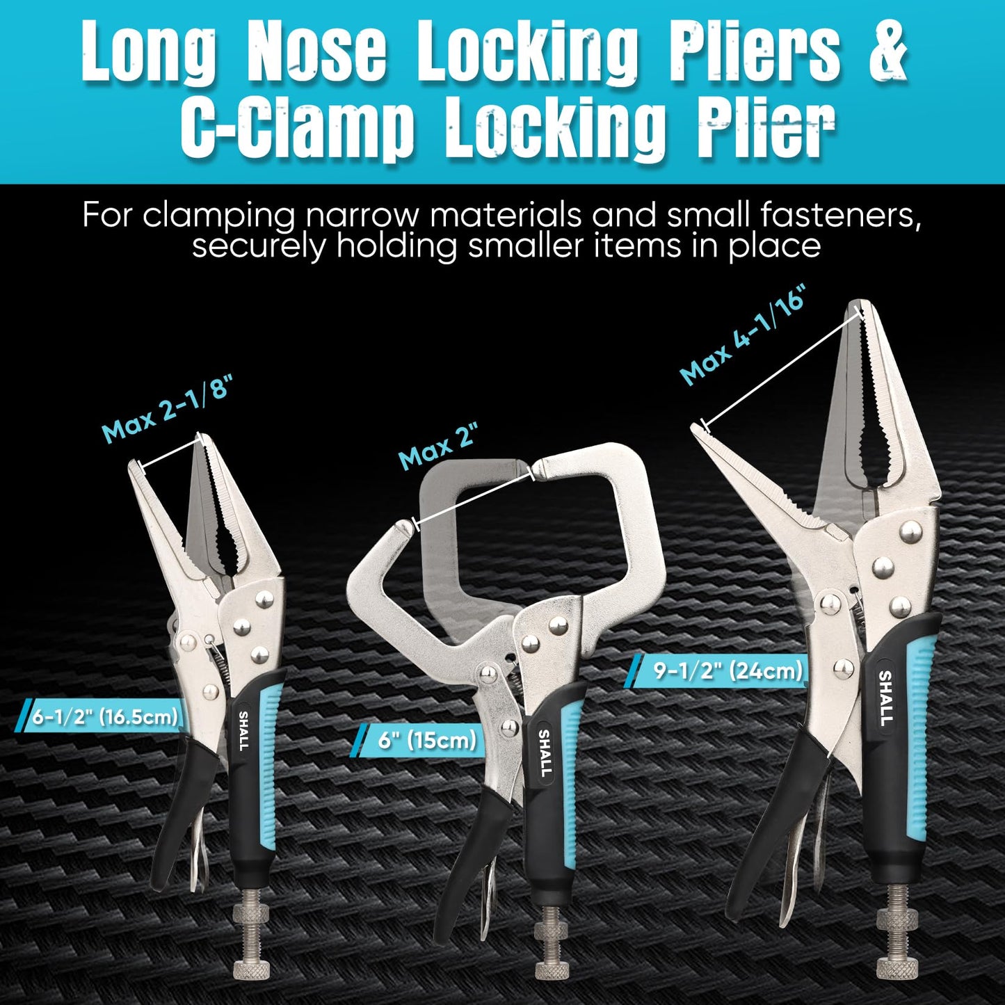 SHALL 6-Piece Locking Pliers, Vice Grips Pliers Set, 5",7" & 10" Curved Jaw, 6-1/2" & 9-1/2 Long Nose Locking Pliers, 6" Locking C-Clamp, Two-Color TPR Handle, Roll Up Pouch Included