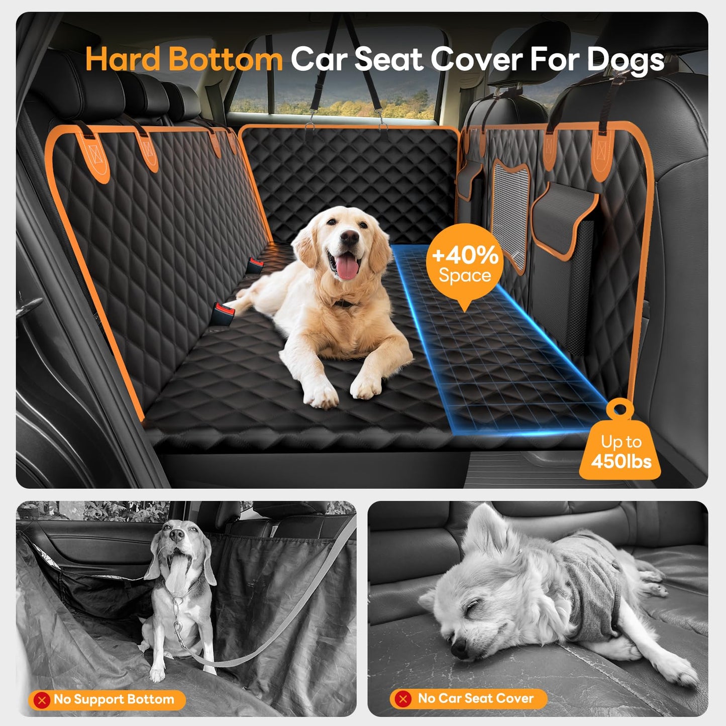 Chioratree Back Seat Extender for Dogs - Hard Bottom,Waterproof Dog Car Seat Cover for Back Seat Holds 450 lbs - Detachable, Scratch-Proof and Anti-Slip Dog Hammock for Cars, SUVs and Trucks,Black