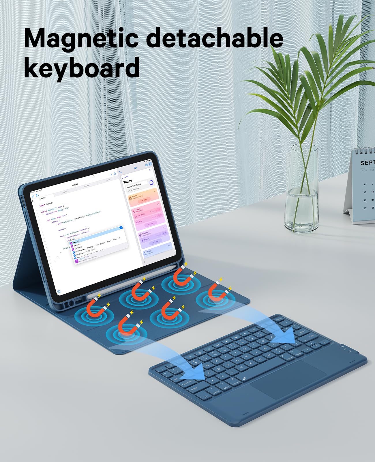 CHESONA Keyboard Case for iPad (A16) 11th 2025/10th Generation 10.9-inch 2022, 7 Color Backlight, Smart Trackpad, Flip Stand Case with Pencil Holder, 2 Wireless Channels for iPad 11th/10th, Steel Blue