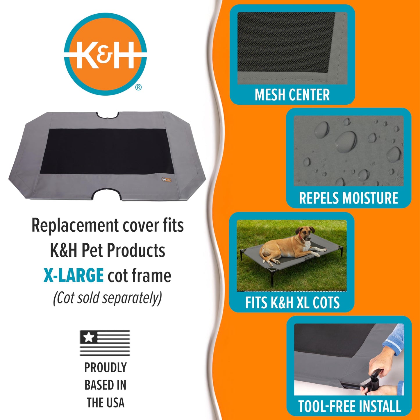 K&H Pet Products Dog Cot Replacement Cover, Designed to fit K&H XL Pet Cots (Sold Separately), Indoor Outdoor, Breathable Cooling Mesh Center, Machine Washable - Extra-Large 50 X 32in Gray