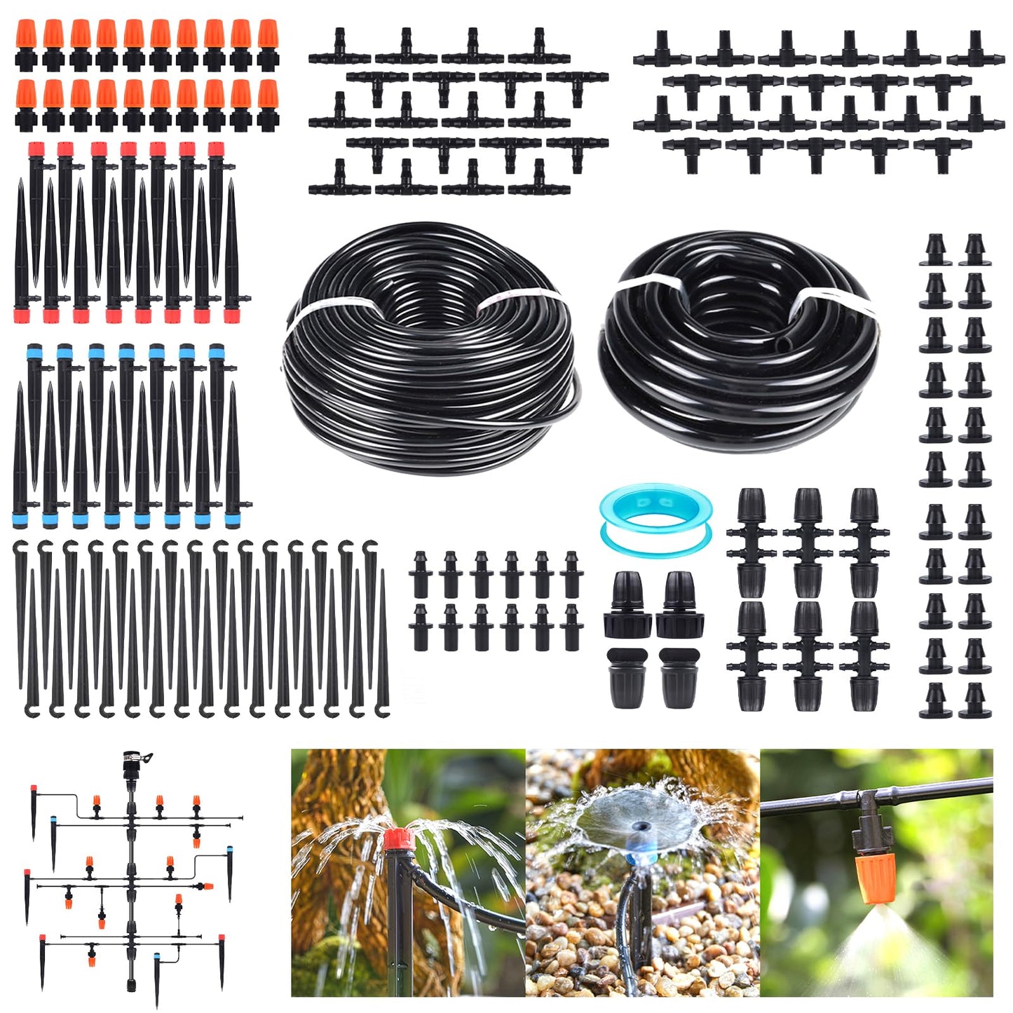 240FT Drip Irrigation System Kit for Garden, Watering System with Adjustable Nozzles, 1/2 & 1/4 inch Tubing Hose, DIY Automatic Mist Cooling for Outdoor Lawn, Patio, Greenhouse Flower Beds Lawn Grass