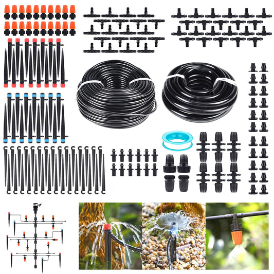 240FT Drip Irrigation System Kit for Garden, Watering System with Adjustable Nozzles, 1/2 & 1/4 inch Tubing Hose, DIY Automatic Mist Cooling for Outdoor Lawn, Patio, Greenhouse Flower Beds Lawn Grass