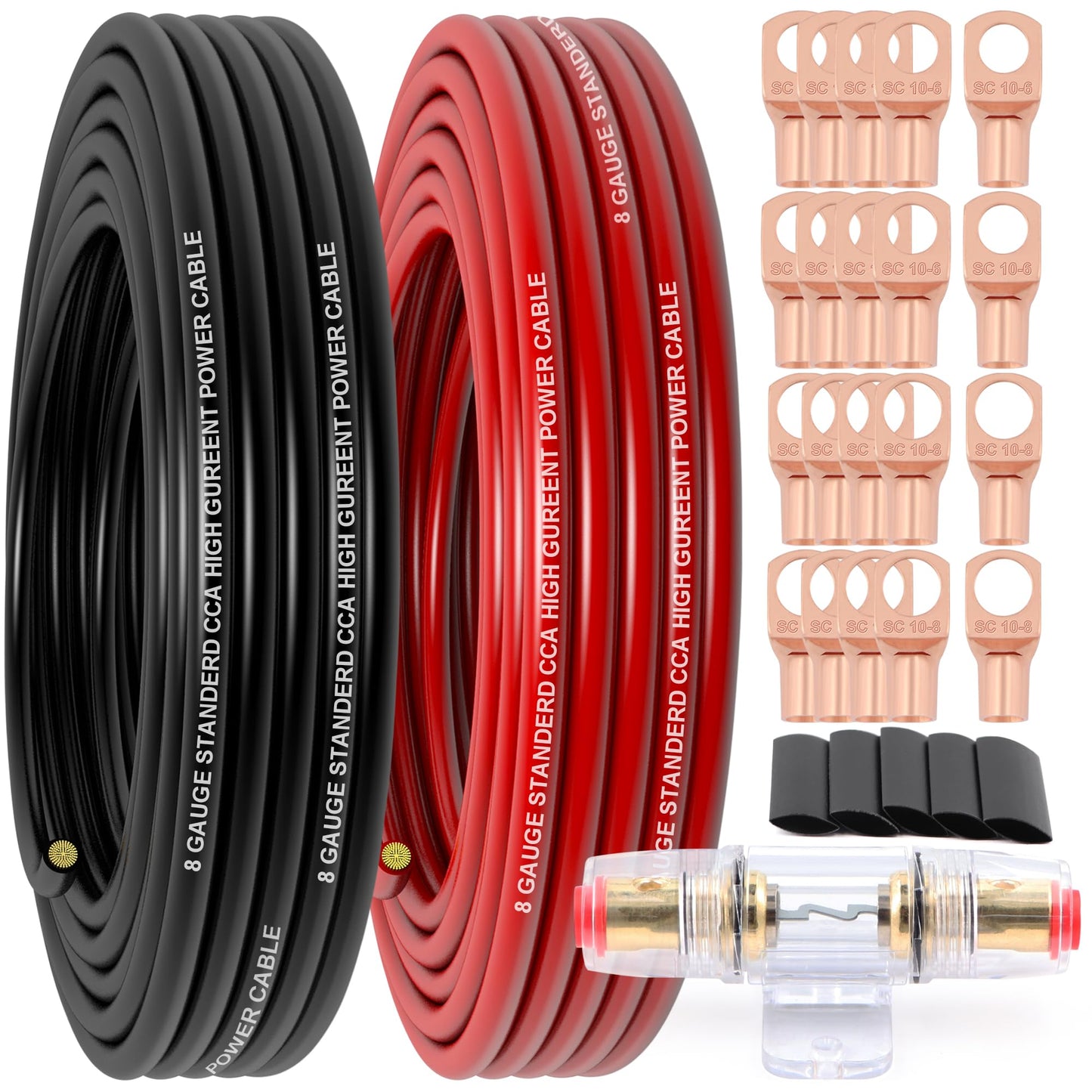 8 Gauge Wire (25FT Red+25FT Black) Copper Clad Aluminum CCA,60A Fuse Holder,20 Pcs Lugs,20 Pcs 2:1 Heat Shrink Tubes,Car Amplifier Power&Ground Cable,Primary Automotive Wire