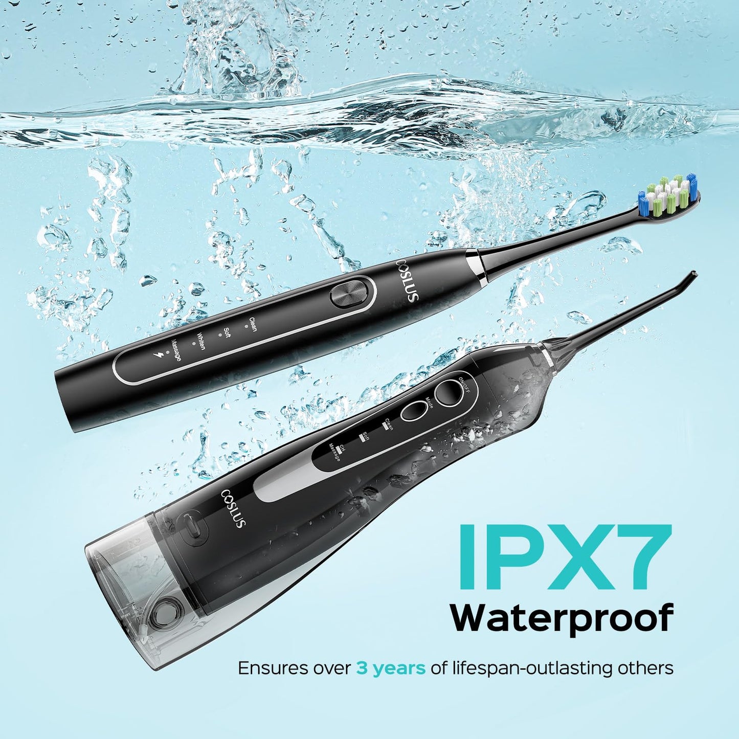 COSLUS Water Teeth Flosser & Electric Toothbrush Combo: 2-in-1 Portable Deep Cleaning Kit, Sonic Toothbrush and Pick with Multiple Modes & 4 Tips 4 Brushes for Family, IPX7 Waterproof, Black, C20&C41