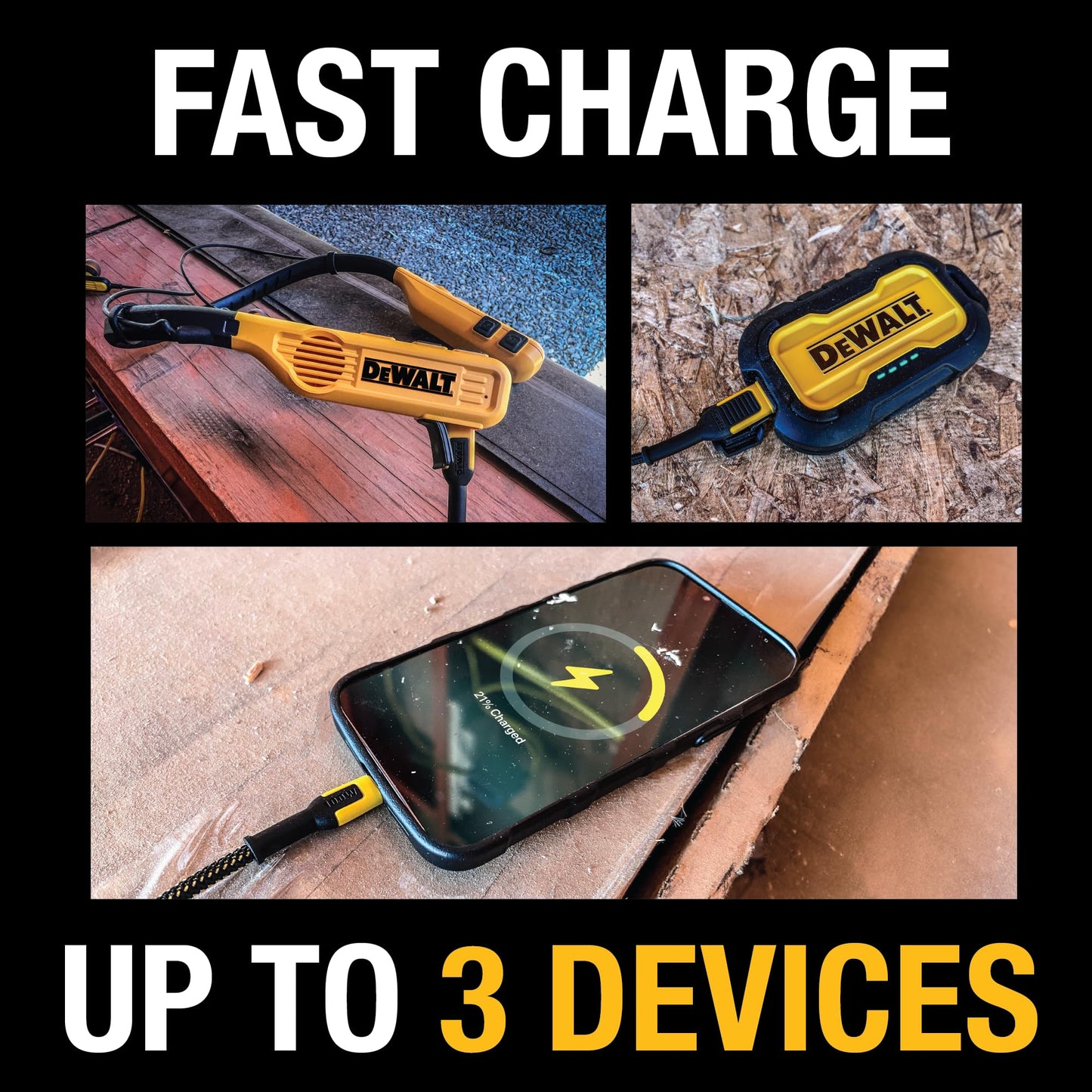 DEWALT Heavy Duty 3 Port Dual USB C Charger Block, USB C Power Adapter GaN Charger (65W), PPS 3-Port Fast Compact Foldable for MacBook Pro/Air iPad Pro Galaxy S23 Dell XPS 13 iPhone 17/16/15