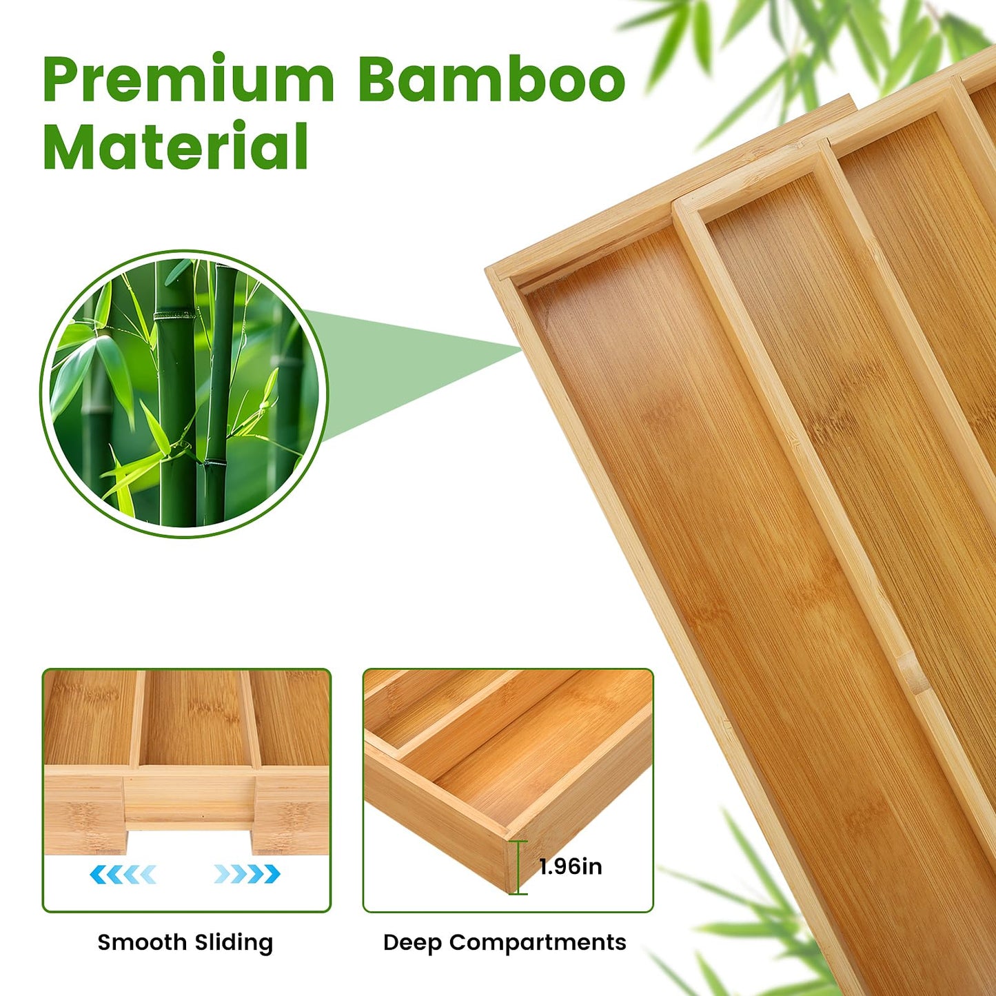 Expandable Cutlery Organizer, 7-9 Slot Bamboo Utensil Drawer Organizer with 2 Removable Knife Blocks, Adjustable Wooden Cutlery Tray Holder Kitchen Drawer Organizer for Silverware, Flatware