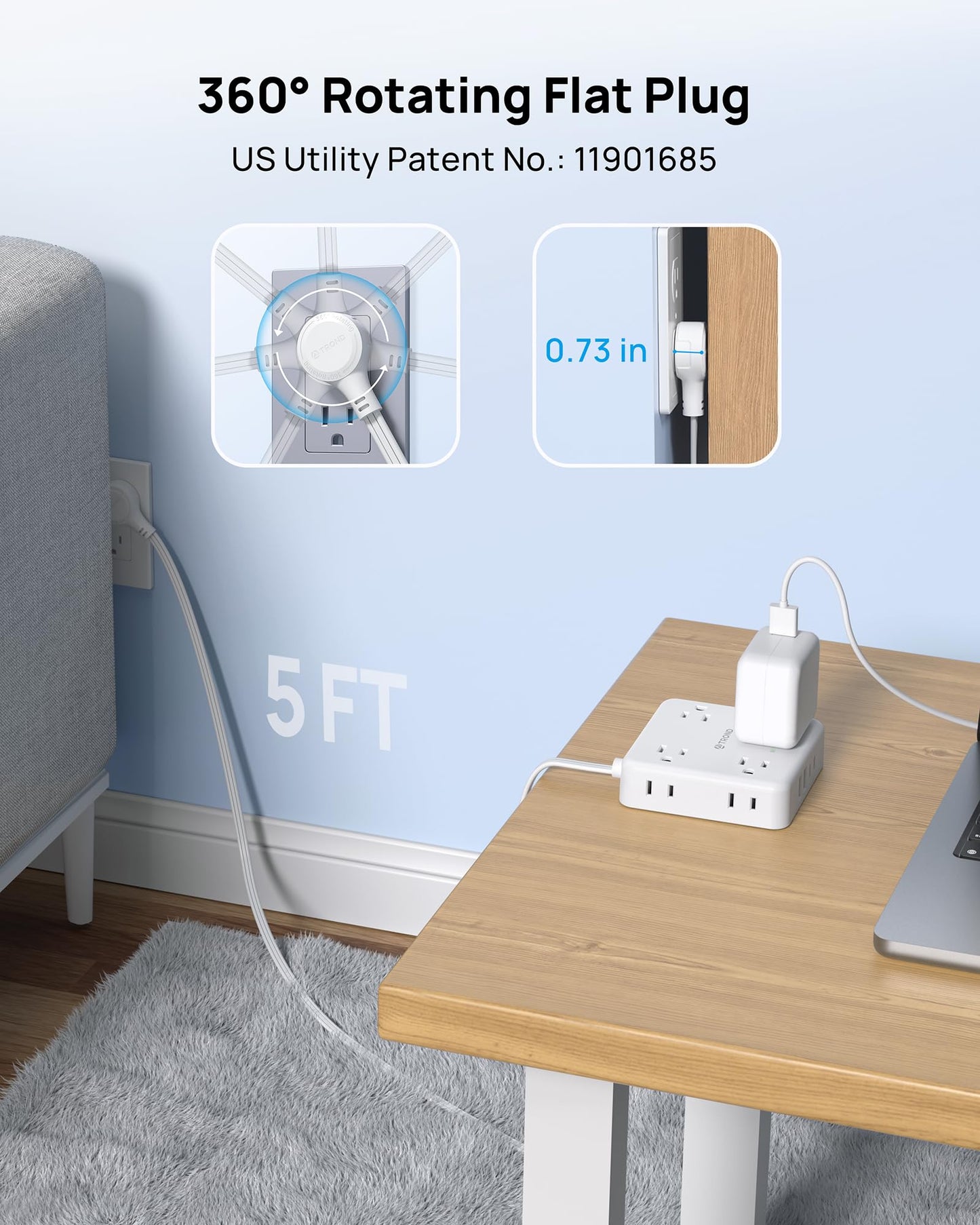 TROND 360° Rotating Flat Plug Power Bar with 2 USB C, 8 Widely Spaced Outlets, 5FT Slim Extension Cord, 1440J Surge Protector Power Strip, Wall Mount for Home Office Dorm Travel Essentials, White