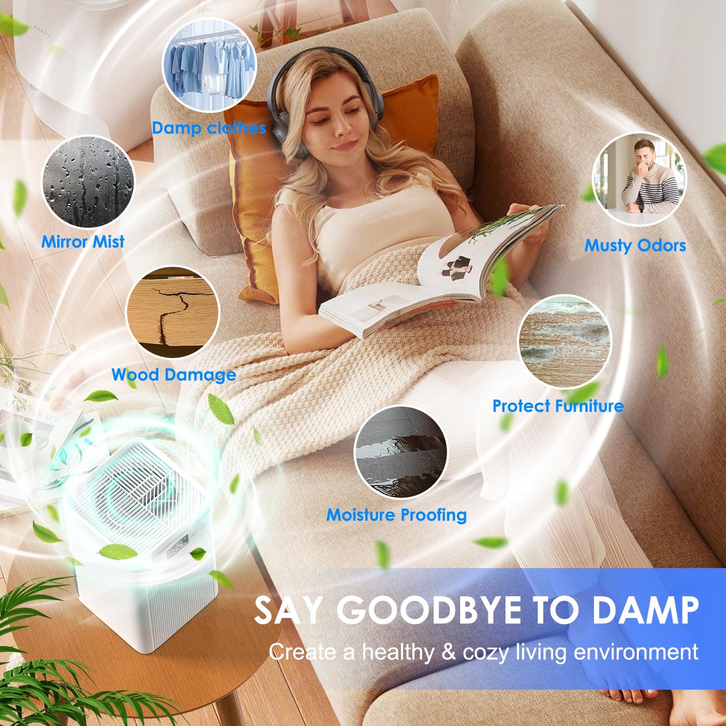 Dehumidifier for Home, 75 OZ Water Tank, Quiet Dehumidifiers for Home with Auto Shut Off, Auto Defrost, Timer, Sleep Mode, 7 Color Light Dehumidifier for Basement, Bedroom, Bathroom - White