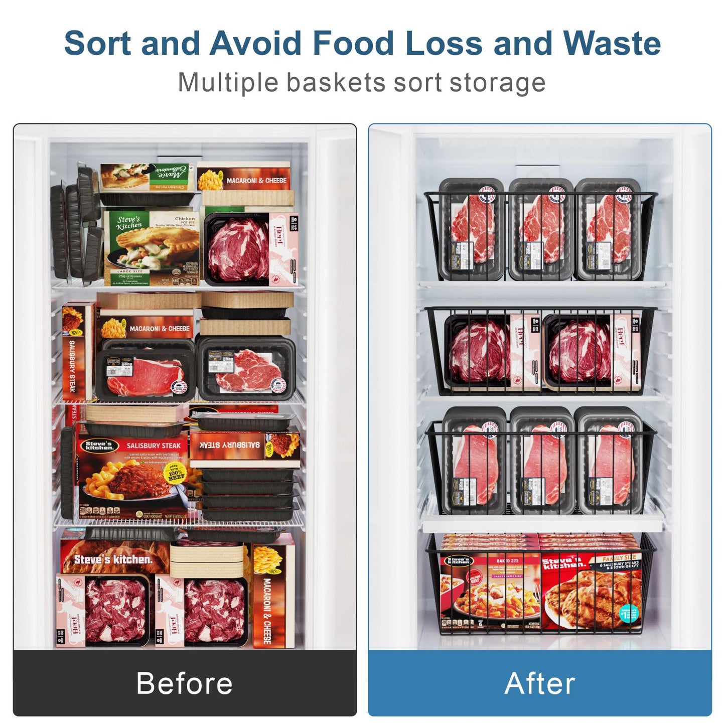 iSPECLE 6 Pack Upright Freezer Organizer Bins for 11 Cu.Ft, Heavy Duty Wire Storage Baskets with Handles, Rust-Resistant Metal Crates for Meat & Veggies, Stand Up Freezer Organization, Black