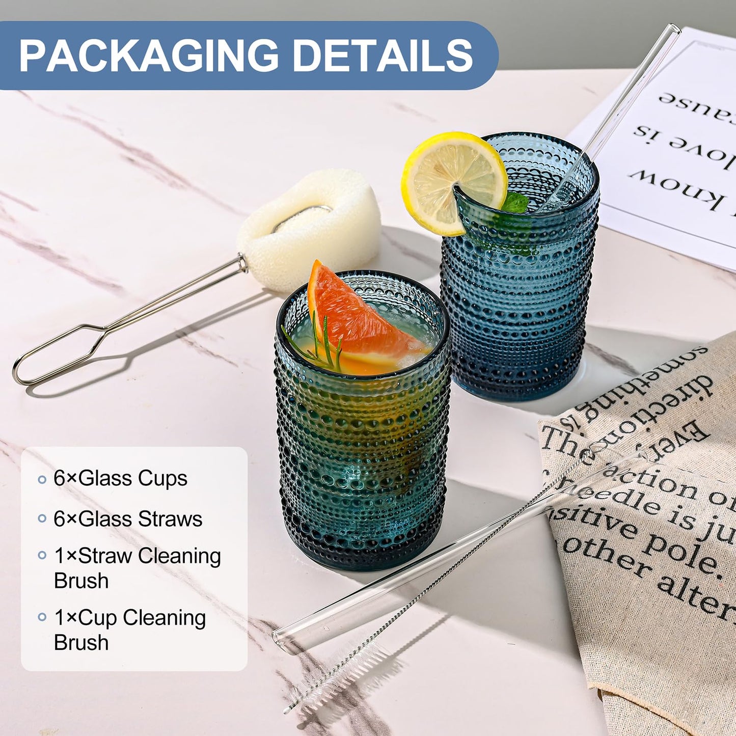 ZMOWIPDL Vintage Glassware Drinking Glasses Set of 6,15 oz Hobnail Glass Cups,Embossed Blue Water Tumbler,for Beer,Cocktail,Whiskey,Juice and Various Mixed Drinks- 1 Cleaning Brush