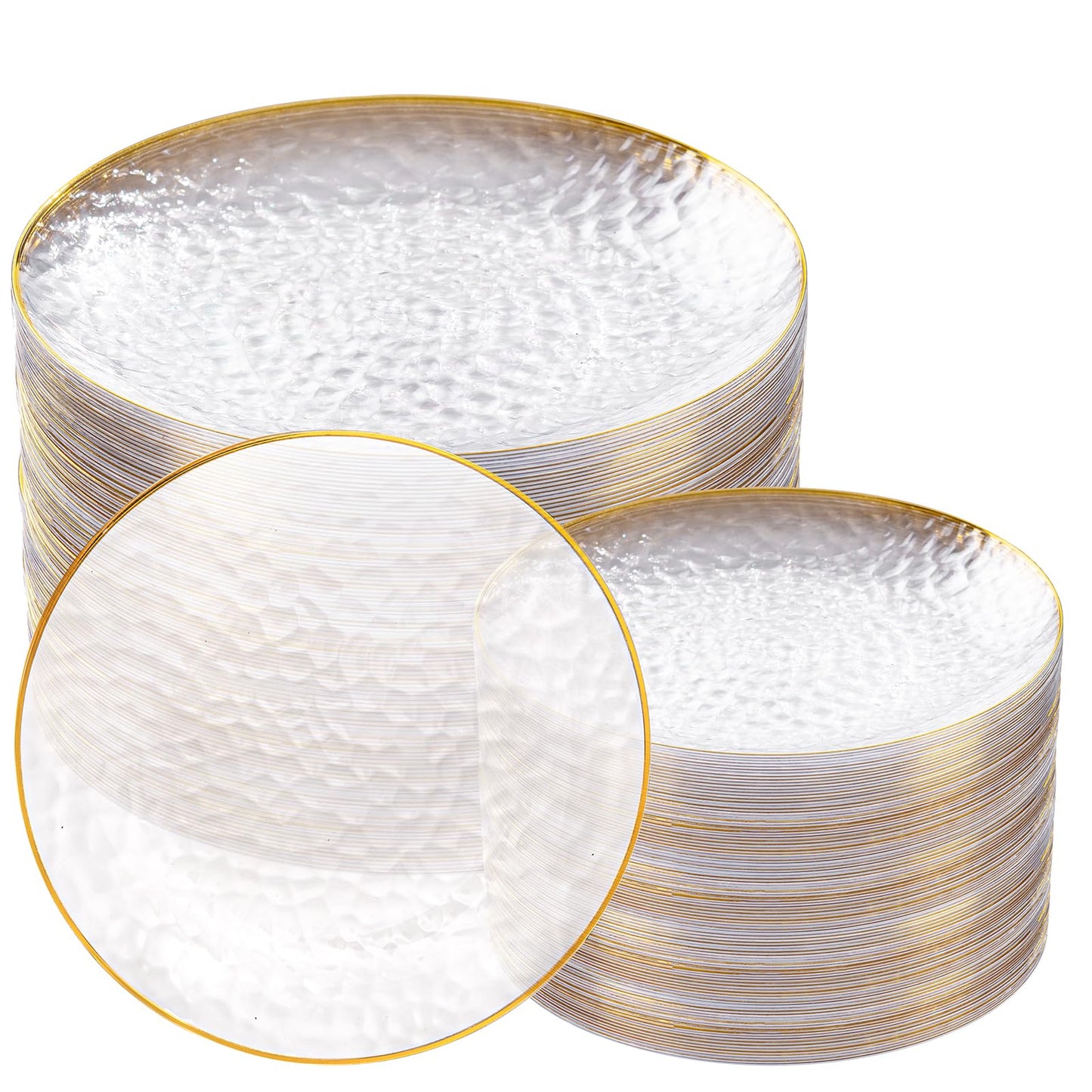 Rubtlamp 100Pcs Clear Gold Plastic Plates, Disposable Plates with Gold Rim, Heavy-Duty Party Platos, Hammered Plastic Plates Include 50 Clear Dessert Plates, 50 Dinner Platos for Party