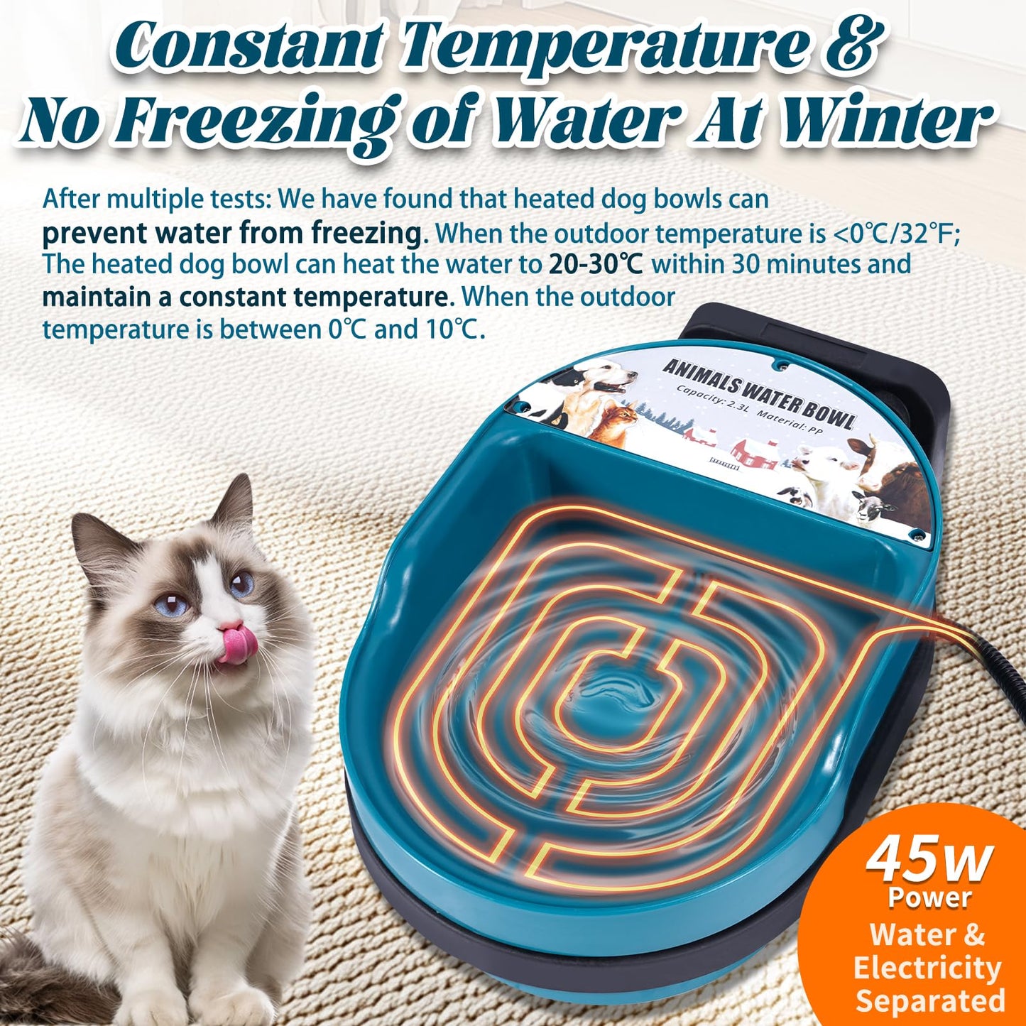 MUDUOBAN Heater Water Bowl with Anti Chew Cord Outdoor Heated Waterer with Float Valve Auto Refill for Pet,Dog,Cat,Chicken,Rabbit