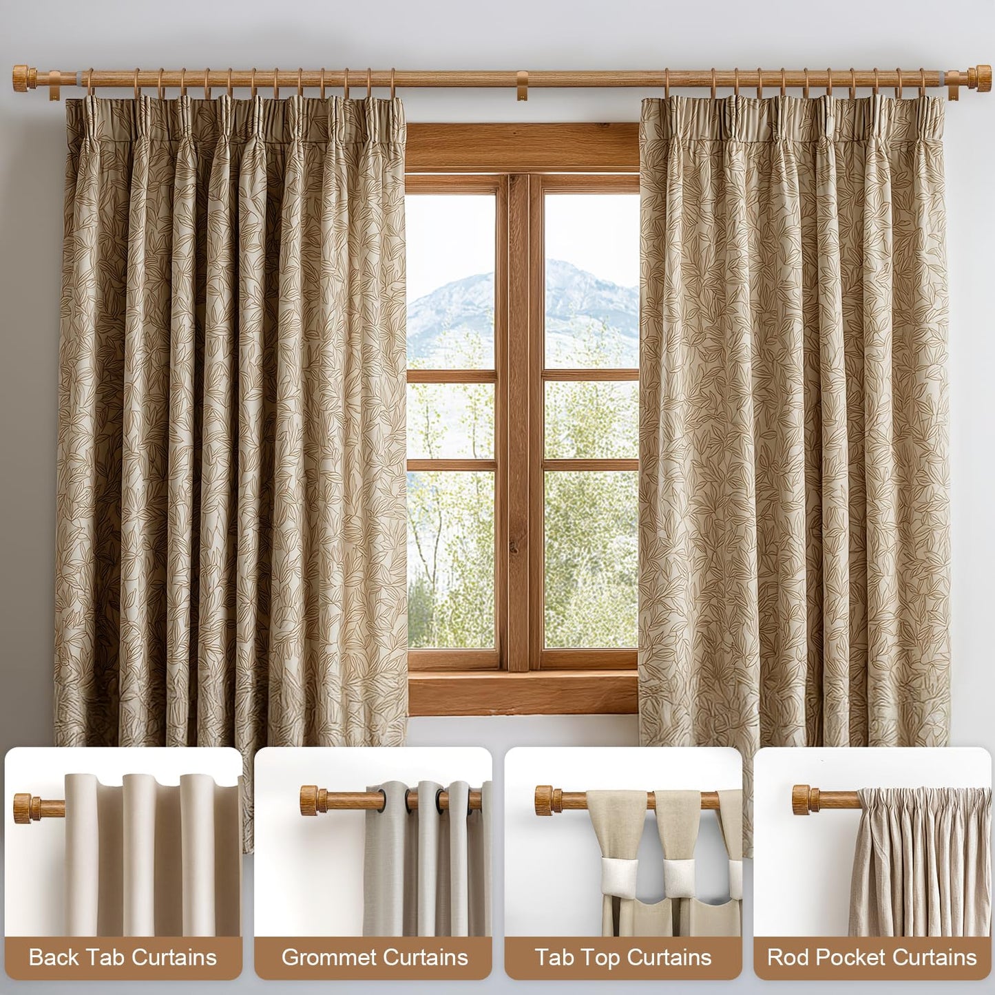 Lootkell Wood Curtain Rods for Windows 48 to 84 Inches 1" Diameter Boho Decorative Heavy Duty Long Window Curtain Rod Adjustable with Handmade Wood Grain Design for Living Room Bedroom Kitchen