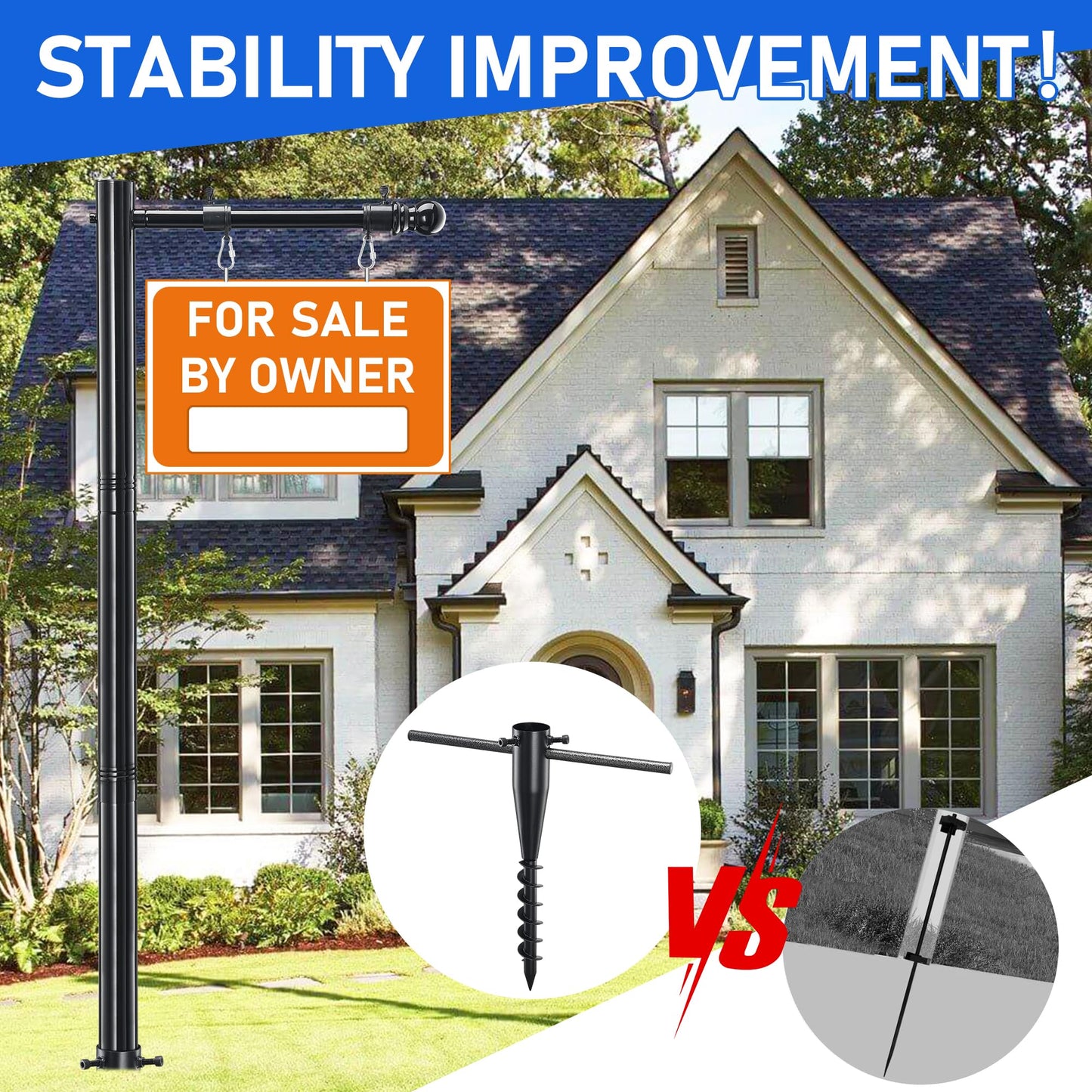 Real Estate Sign Post, 254cm Realtor Yard Sign Post for Sale Signs, Rent Signs, Open House Signs for Real Estate, 88cm Arm Holds up to 63cm Sign, Black (No Sign Included)