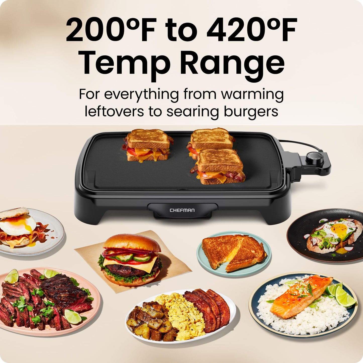 Chefman Electric Griddle with Removable Temperature Control, Immersible Flat Top Grill, Burger, Eggs, Pancake Griddle, Nonstick Easy Clean Cooking Surface, Slide Out Drip Tray, 25 x 40 CM