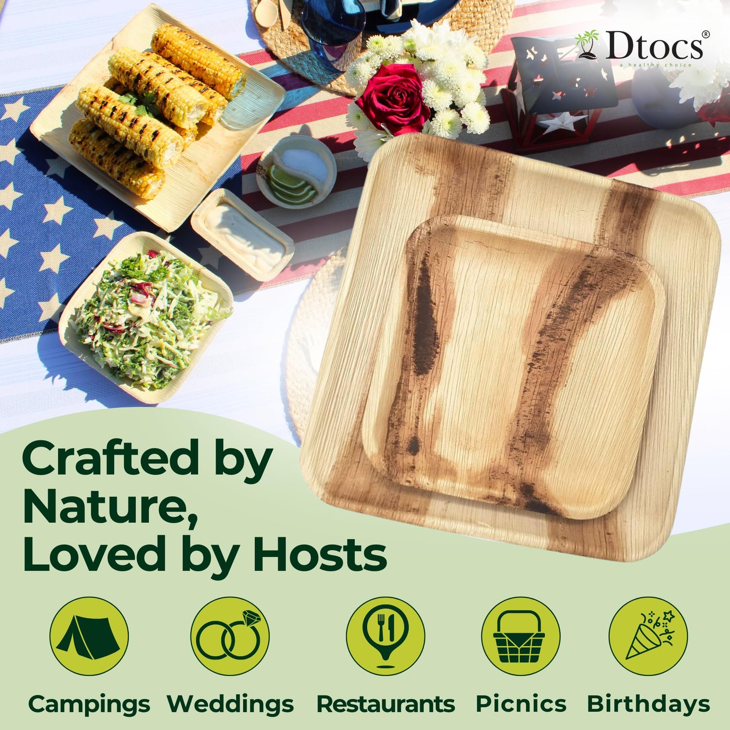 Dtocs Palm Leaf Plates Set (50) – 10" Dinner, 7" Dessert Combo | Bamboo Disposable Look | Party Platter Pack for Holidays, Gifting & Stocking Stuffers | Alternative to Plastic, Wood & Paper Plates