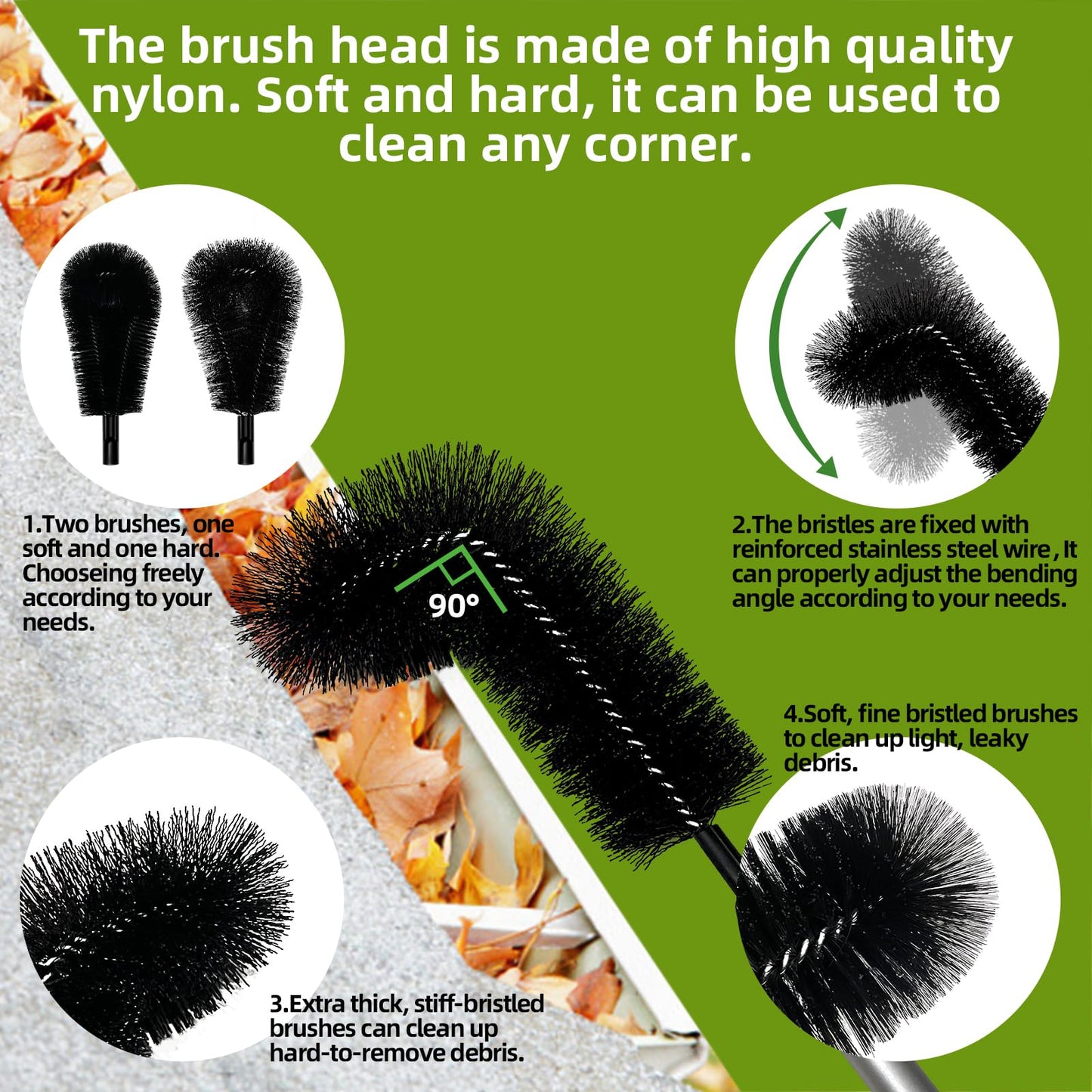 13 FT Gutter Cleaning Tool, Roof Gutter Brush, Clear Leaves from Roof Gutters Without a Ladder, Includes 2 Cleaning Brushes & Black