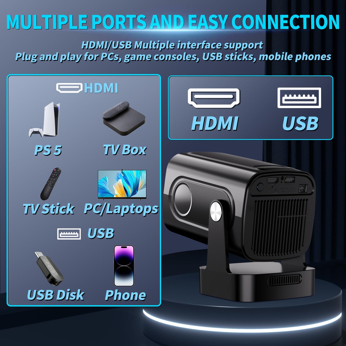 Projector [Auto Focus & Native 1080P & Built-in Apps] Mini Portable Projector 1080P, 4K Full HD with WiFi 6 & Bluetooth 5.4, Auto Focus & Keystone, 270° Rotatable, Compatible with Phone/HDMI/USB,Black