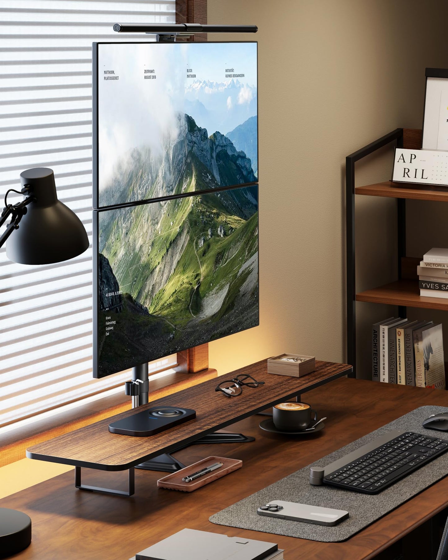 monTEK Stable Stacked Dual Monitor Stand, Heavy-Duty Vertical Monitor Mount for 17-32 inch Screen, Full Motion Arm with Tilt, Swivel, Rotation, Up to 22 lbs per Arm, Solid V-Shaped Base, VESA 100×100