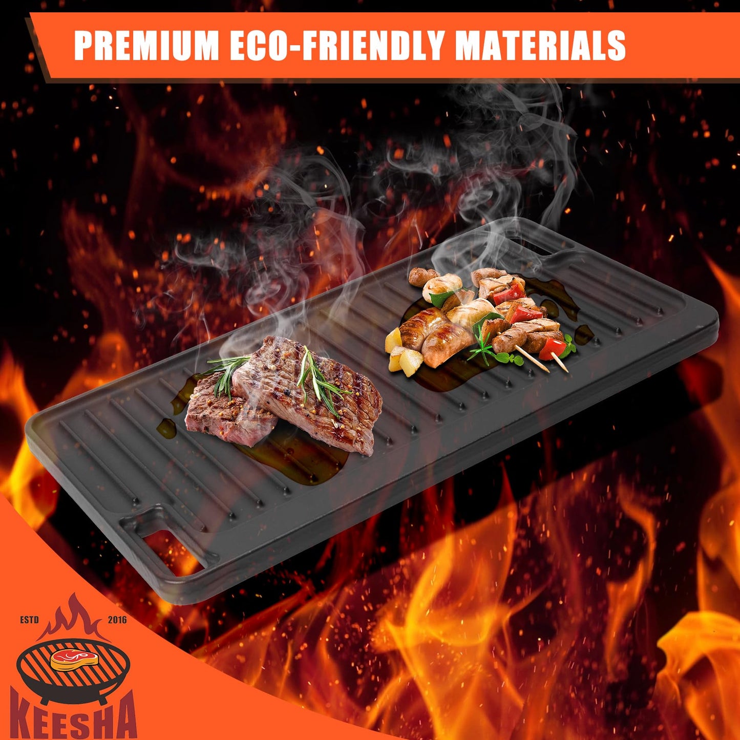 Cast Iron Griddle, Gas Stove Top Pan Heavy Duty Reversible Cooking Griddle for Grill, Camping, Indoor and Outdoor Cooking- 16.75" x 9.5"