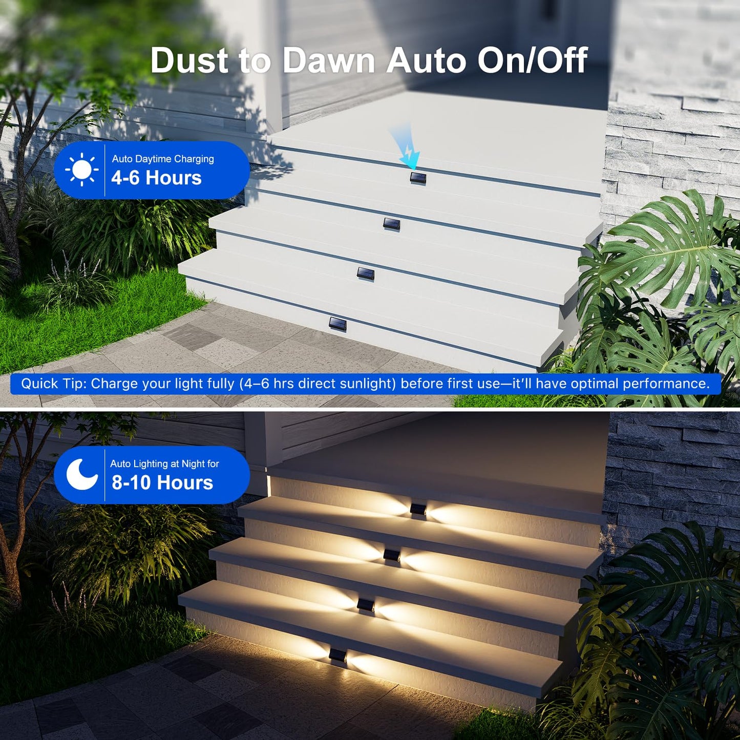 6 Pack Solar Powered Step Lights Outdoor Waterproof LED for Deck Stair Safety Outside Decorative Lamp for Yard, Patio, Porch Railing, Pathway, Fence, 2 Sided Warm White Lighting for Enhanced Security