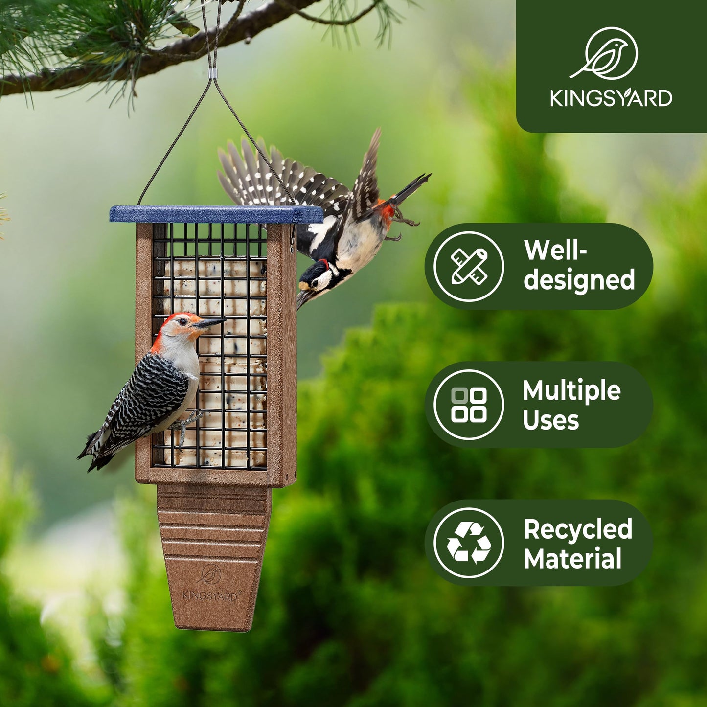 Kingsyard Recycled Plastic Suet Bird Feeder, Tail Prop Double Suet Feeder for Outside, Sturdy & Durable, Great for Woodpecker & Clinging Birds, Blue