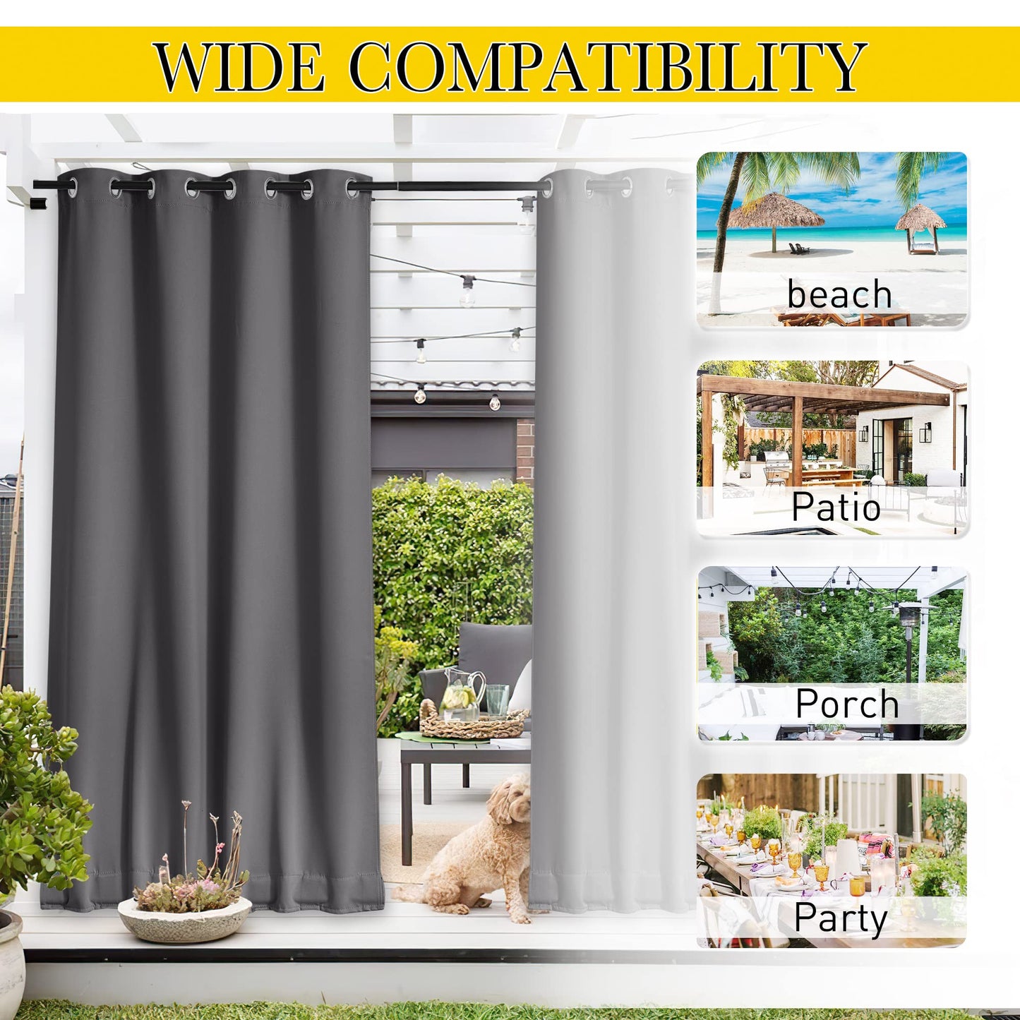 NICETOWN Grey Gazebo Curtains Waterproof,Top & Bottom Grommet & Back Tab Windproof Weighted Blackout Outdoor Drapes Keep Privacy with Fixed Rope 2 Panels for Porch/Patio/Pergola/Cabana,84 x 84 Inches