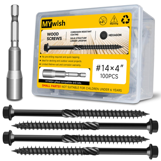 100Pcs 4 Inch Wood Screws, #14 x 4 Heavy Duty Outdoor Deck Screws, Black Timber Lag Bolts, Hex Socket Included Hex Head Log Landscaping Black Long Screws by Mywish
