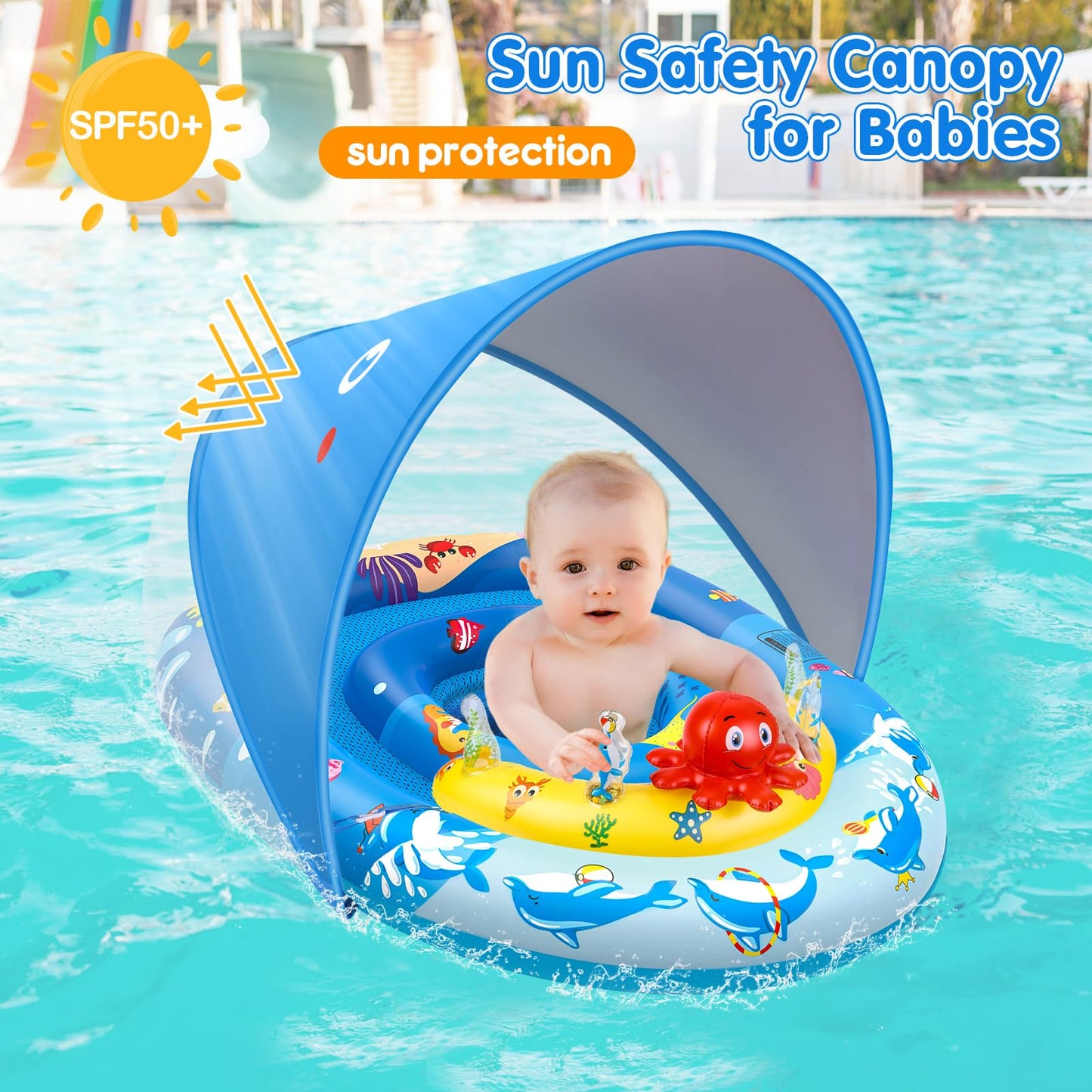 EZIGO Baby Pool Float with Canopy UPF50+ Sun Protection, Inflatable Kids Pool Float with Ocean Animal Toys for Babies 6-36 Months, Infant Swimming Float with Adjustable Safety Seat for Boys Girls