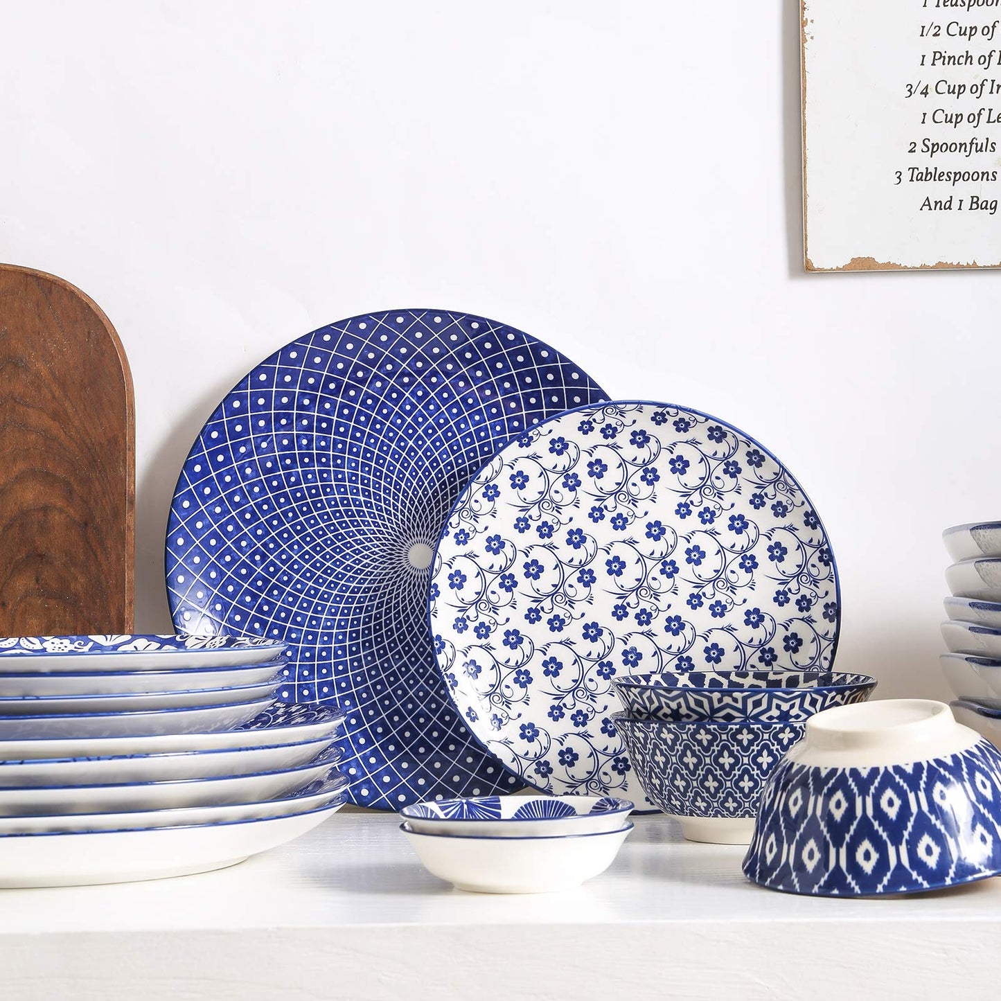 Selamica Plate Set, 26.5 cm Serving Plate, Cake Plate, Dessert Plates for Salad, Pancakes, Steak, Set of 6, Vintage Blue