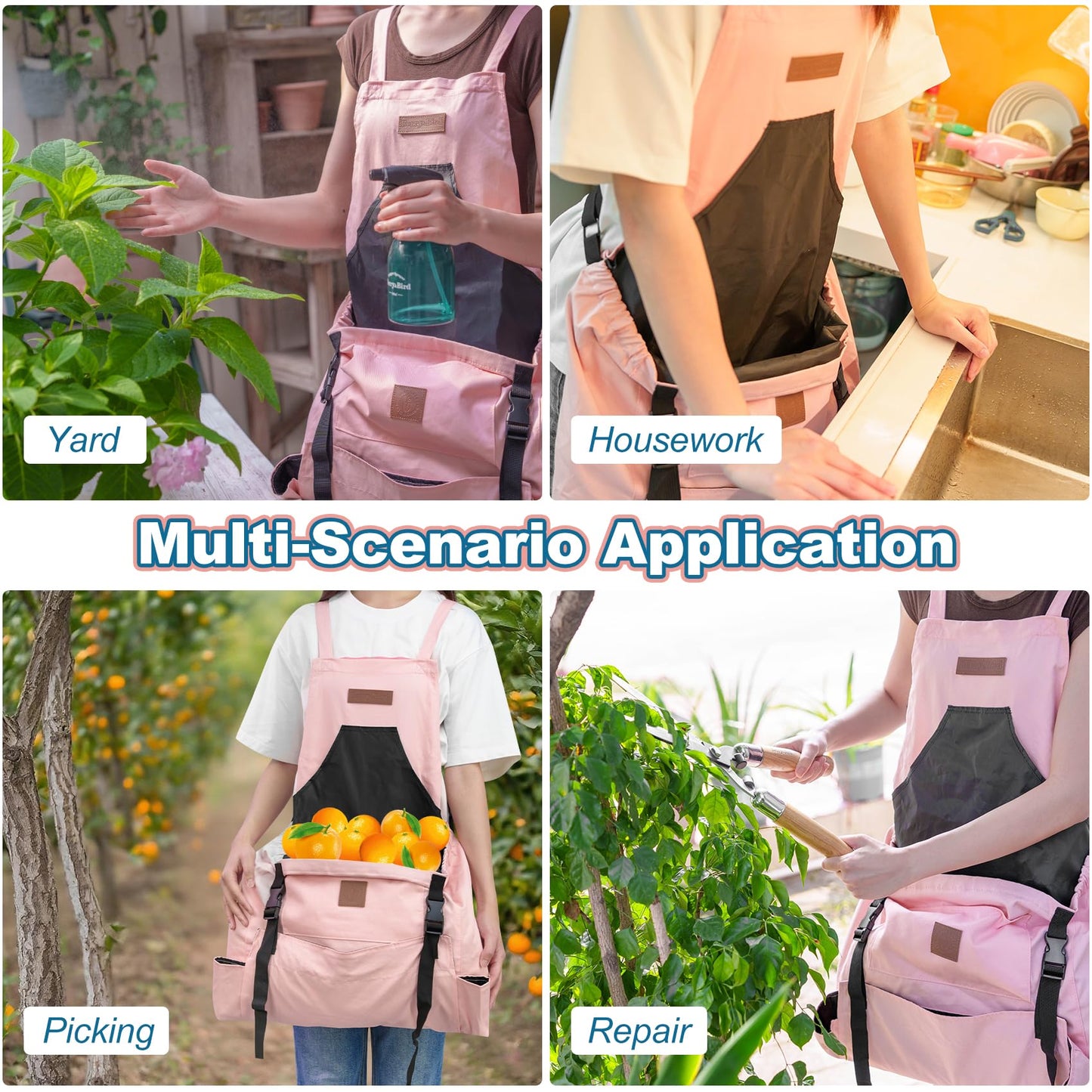 Berry&Bird Harvest Apron, Canvas Gardening Apron with Pockets and Harvesting Pouch Waterproof Harvesting Apron（Pink)