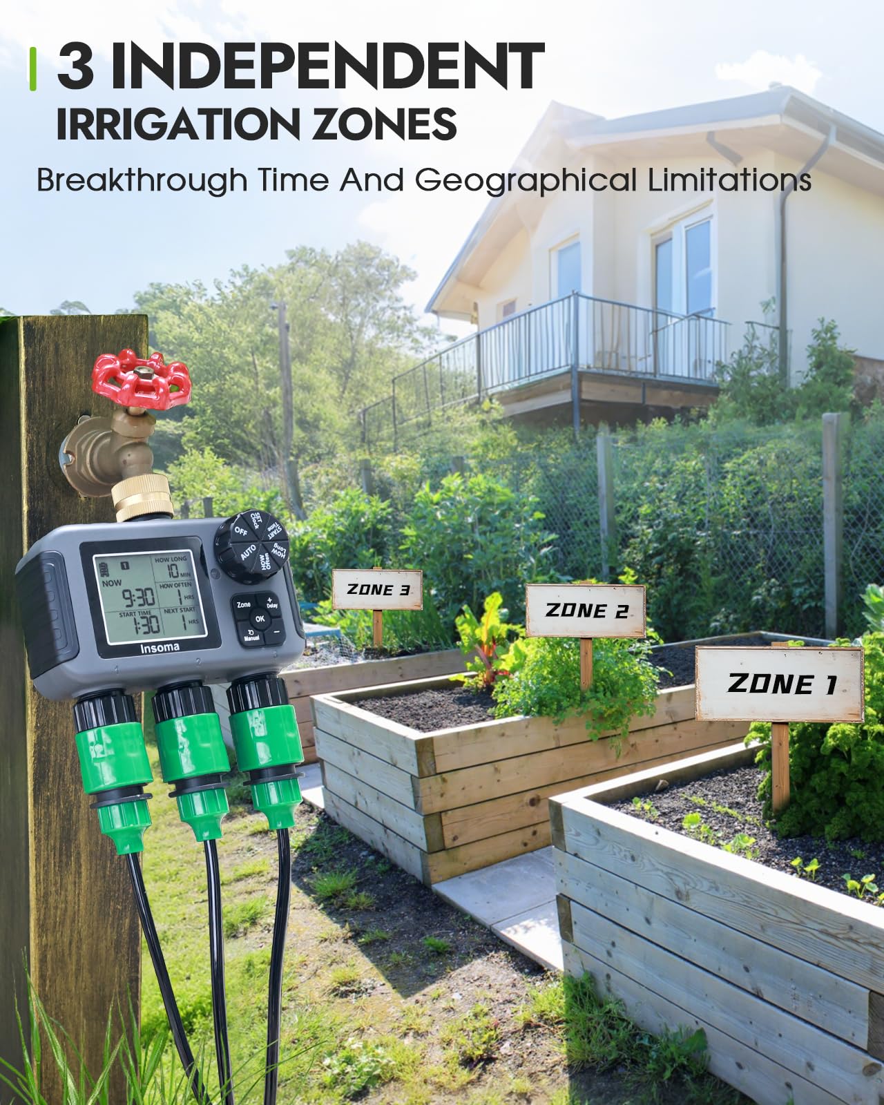 Insoma 3-Zone Water Timer Brass Inlet, Outdoor Sprinkler Timer + Waterproof IPX5, Programmable Automatic/Manual Watering, Rain Delay & Large Display, Suitable for Garden, Lawn, Yard Water Hoses