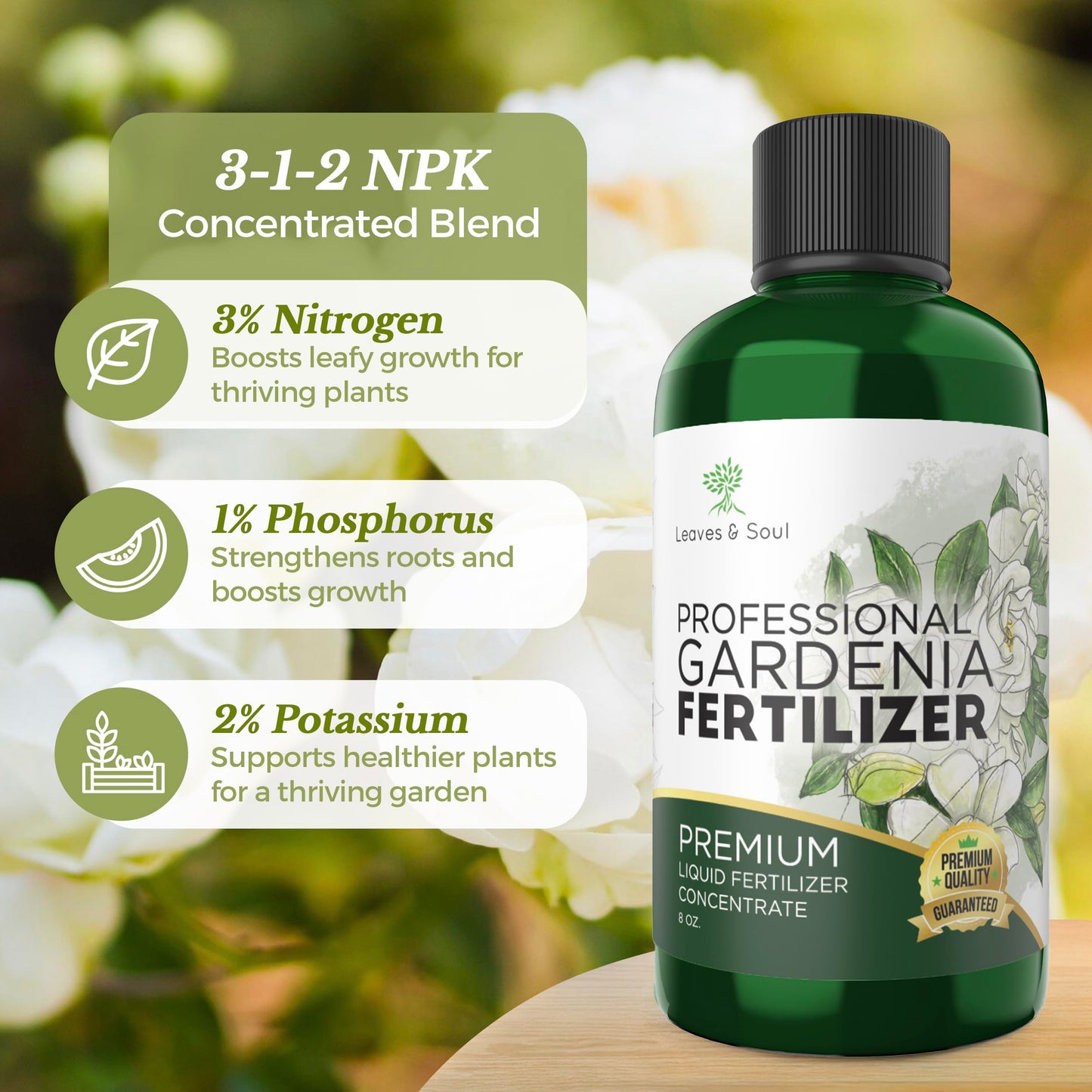 Professional Liquid Gardenia Plant Fertilizer | 3-1-2 Concentrate for Flowering Plants | Multi-Purpose Blend & Gardening Supplies | 8 oz Bottle