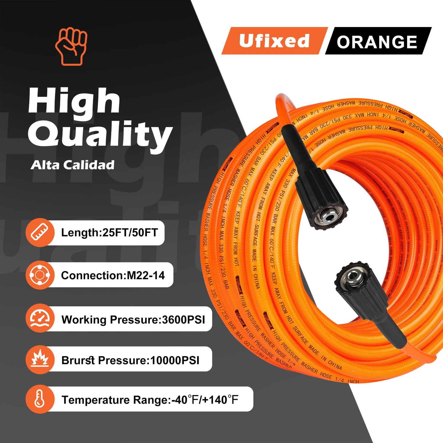 1/4 Pressure Washer Hose 25FT 3600 PSI, Ufixed Power Washer Hose Kink Free High Pressure Hose M22 14MM Solid Brass Fittings Pressur Washer Replacement Hose Light Weight Orange-red