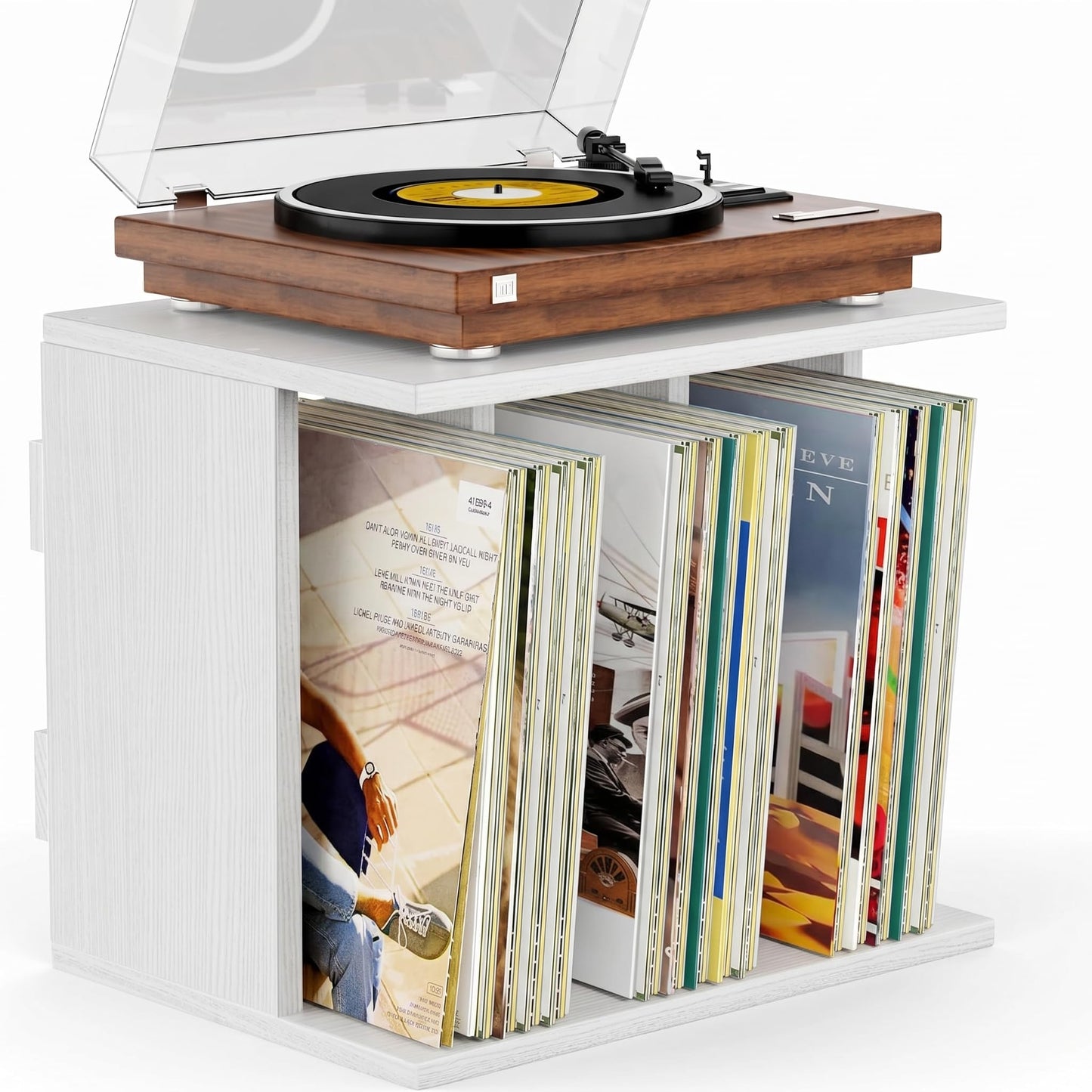 Emfogo Vinyl Record Storage, Record Player Stand Wall Mount Up to 80-100 Albums, 3-Compartment Vinyl Record Holder (White)