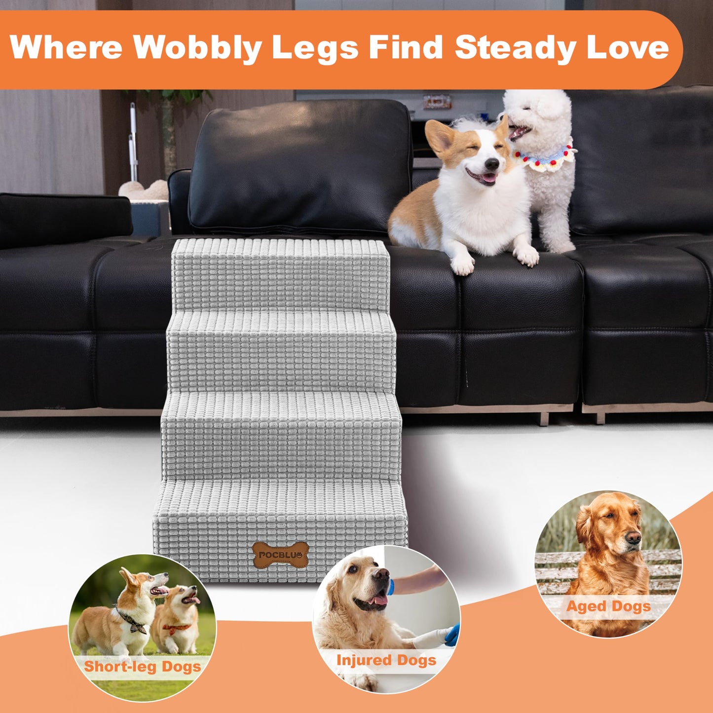 POCBLUE Dog Stairs for Small Dogs and Cats 17.7" H, 4-Step Pet Step for High Bed or Couch, Non-Slip Balanced Pet Ramp Indoor with High-Density Foam and Washable Cover, Grey