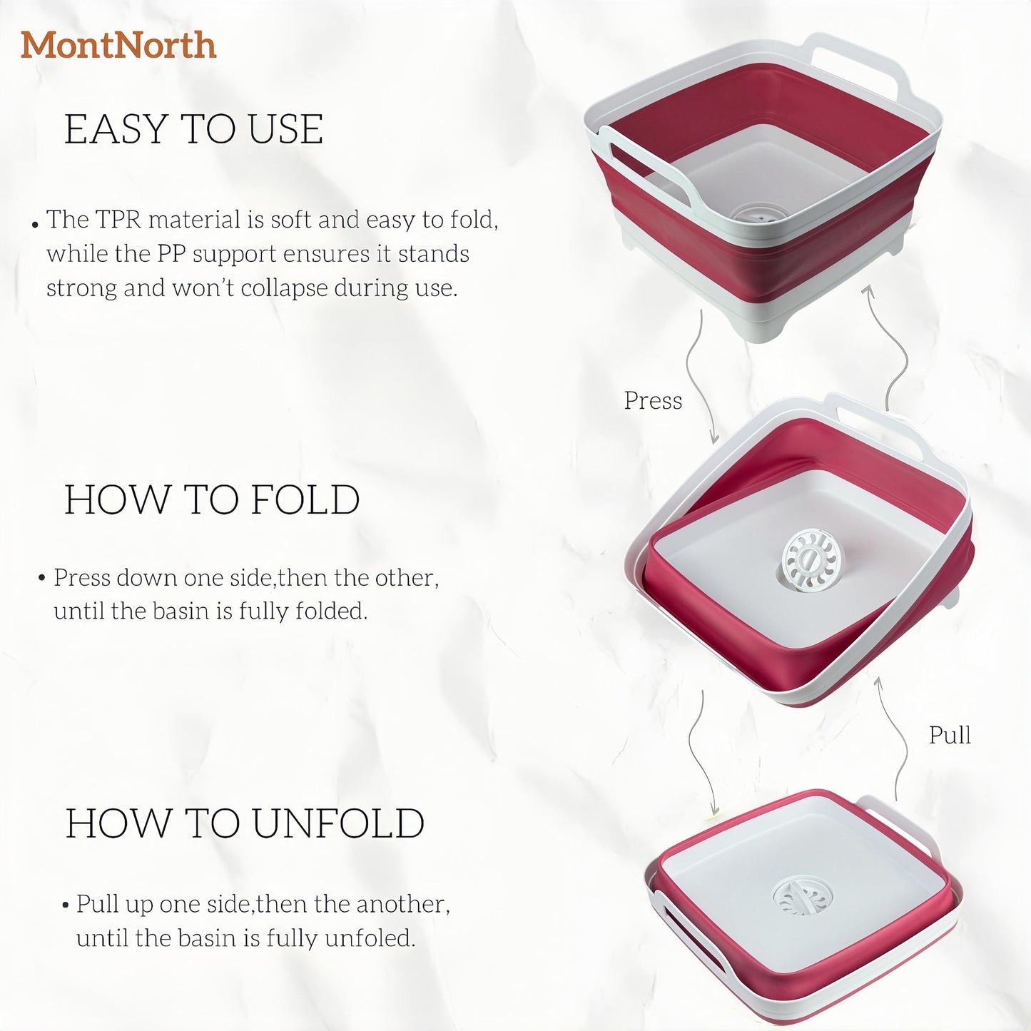 Collapsible Wash Basin 9L, Foldable Dish Tub with Drain Plug, Portable Collapsible Dish Basin, Camping Sink for Washing Dishes, Laundry & Kitchen Use (Viva Magenta)