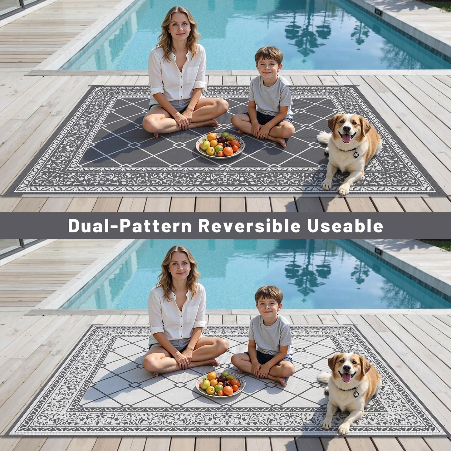 HEBE 5x8 Outdoor Rug Waterproof, Reversible Outdoor Area Rug, Portable Plastic Outside Rug Carpet, Geometric RV Camping Rug Mat for Patio Picnic Backyard Deck Balcony Porch Beach Trailer, Grey