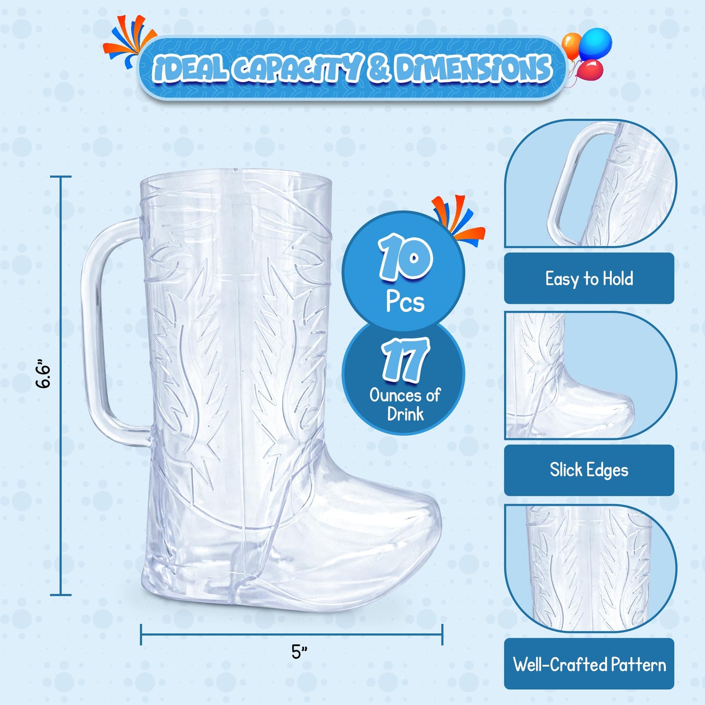 4E's Novelty 10Pcs Cowboy Boot Mug Cups (10 Pack) 17 oz Reusable Hard Plastic, BPA Free - for Cowboy Themed Party Supplies, Western Accessories