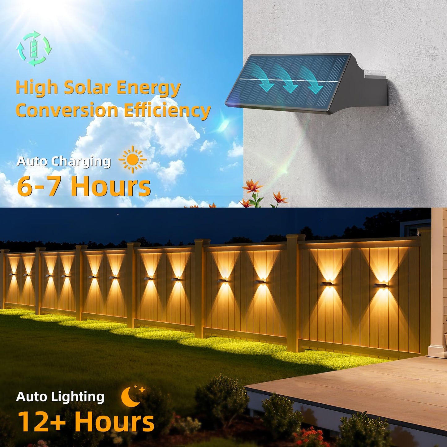 NIORSUN Solar Fence Lights Outdoor, 8 Pack Up and Down Waterproof Solar Wall Lights, Fence Lights with Lens, Warm & Cool White + RGB, Dusk to Dawn Lighting for Patio, Backyard, Pool, Railing (Black)