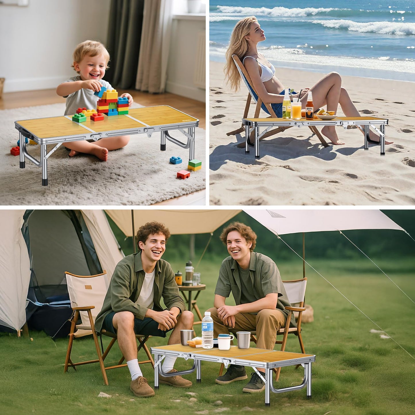 Anbte 3ft Low Folding Picnic Table, Thicker Aluminum Small Camping Table with Storage Bag, Portable Handle, Lightweight, for Camping Beach Party Picnic Floor, 34.2" x 15.7" x 10.3", Yellow