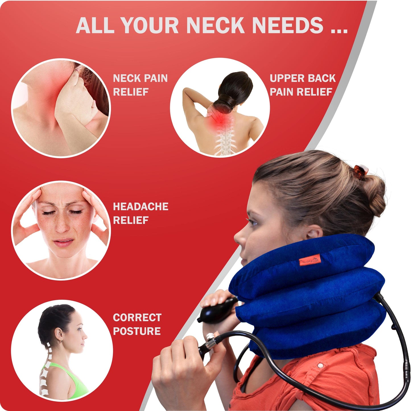 (2- Pump) Cervical Neck Traction Device – Premium 4-Way Targeting Neck Stretcher for Instant Pain Relief (Royal Blue)