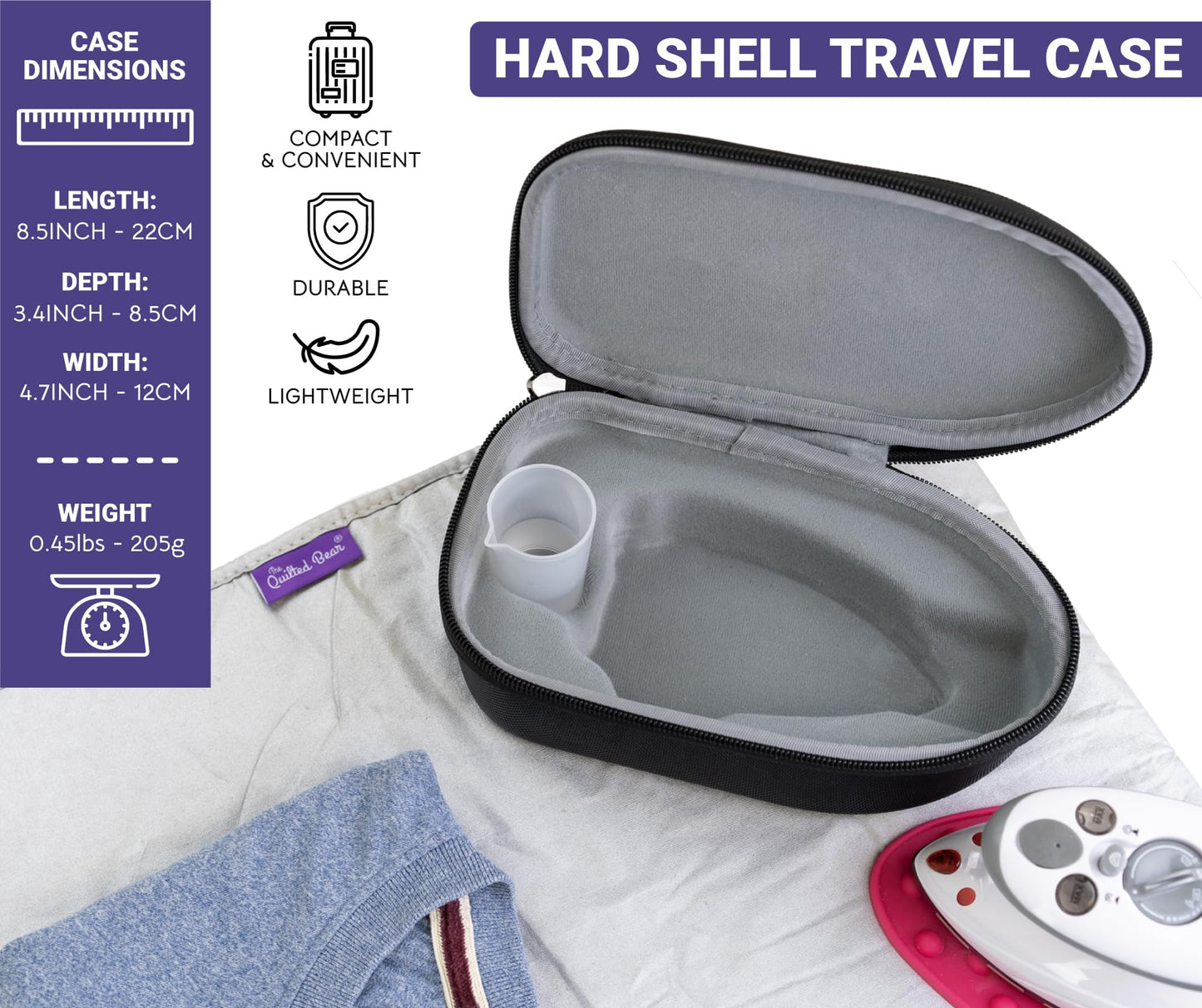 The Quilted Bear Mini Iron, Iron Rest & Ironing Mat - Lightweight Mini Steam Iron with Hard Shell Travel Case, Heat Resistant Silicone Iron Rest & Travel Ironing Mat (Black)