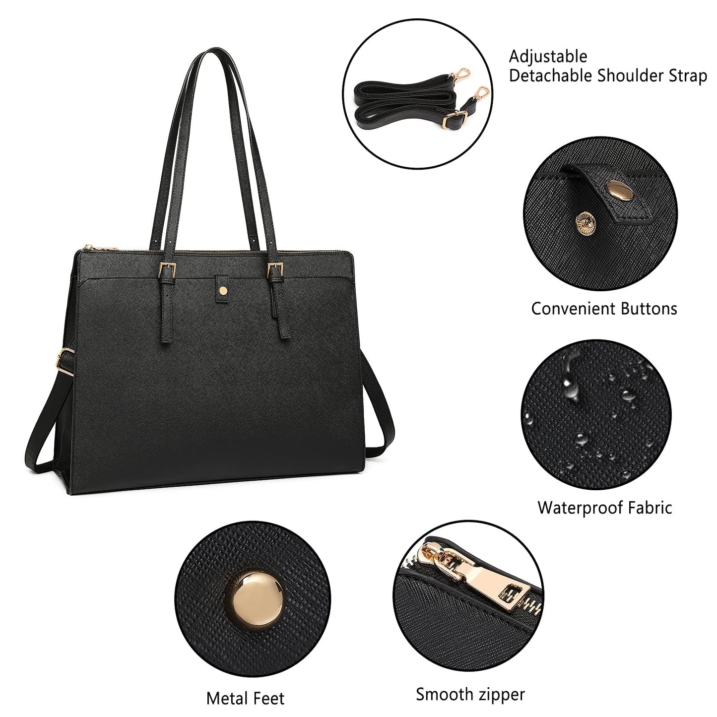 Laptop Bag for Women 15.6 inch Classy Women Tote Leather Computer for Work Large Capacity Waterproof Black Briefcase Business Tote Bags for Women