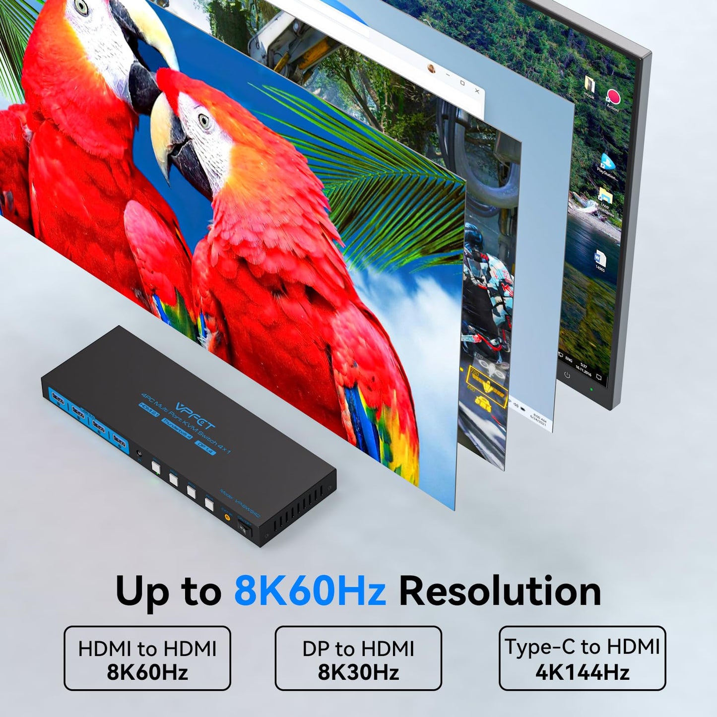 AILVLVNG 4K144Hz KVM Switch 4 Computers 1 Monitor USB3.0 DisplayPort+2HDMI+USB C KVM Switches 4 Ports for 4 Computers Share 1 Monitor and Keyboard Mouse etc. with Wireless Controller