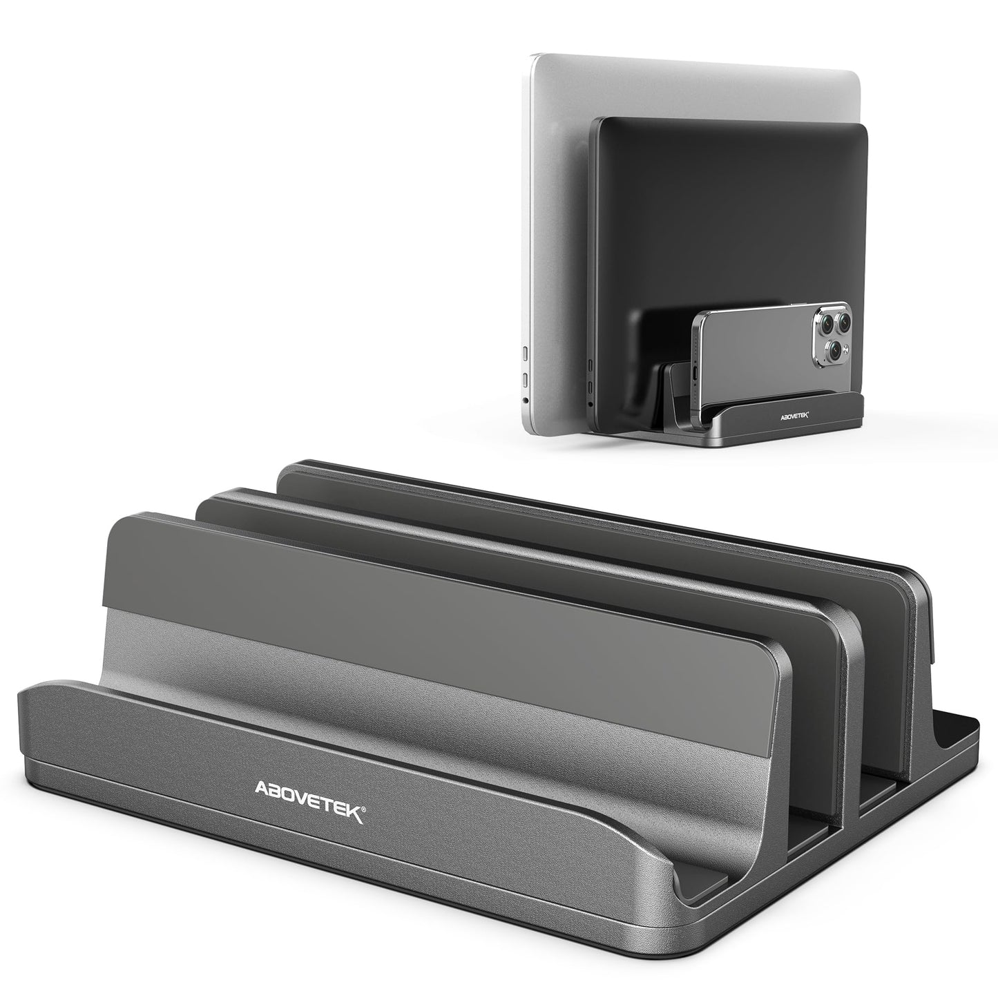 Vertical Laptop Stand - AboveTEK - 3 Slots for Computer, Tablet, Phone - Fits All Laptop Models (up to 17.3") - Heavy Duty Polished Aluminum Desktop Holder - Anti Slide Silicone Grips - Grey