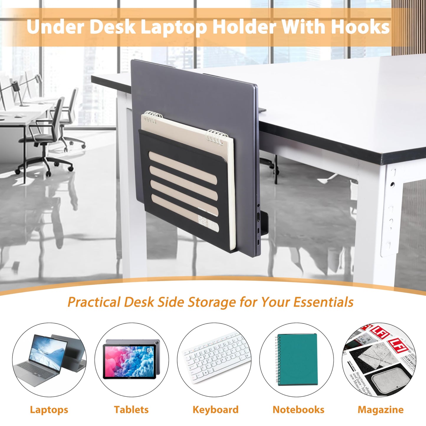 ROLIZOE 3 in 1 Desk Side Storage No Drilling Under Desk Laptop Holder with Headphone Hook & Cable Management Tray, Under Desk Storage Steel Clamp Anti-Slip Magazine File Holder for Desk Accessories